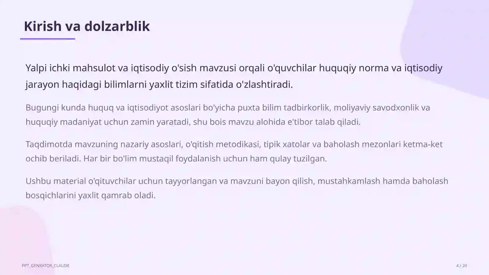 Huquq va iqtisodiyot asoslari (9–11) — o'qituvchilar uchun 4