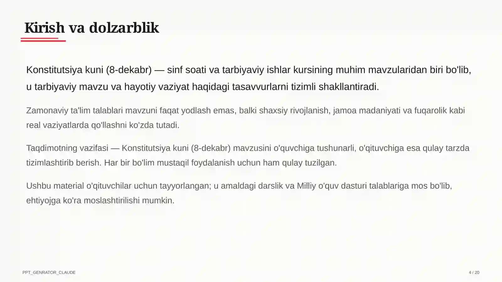 Sinf soati va tarbiyaviy tadbirlar (1–11) — o'qituvchilar uchun 4