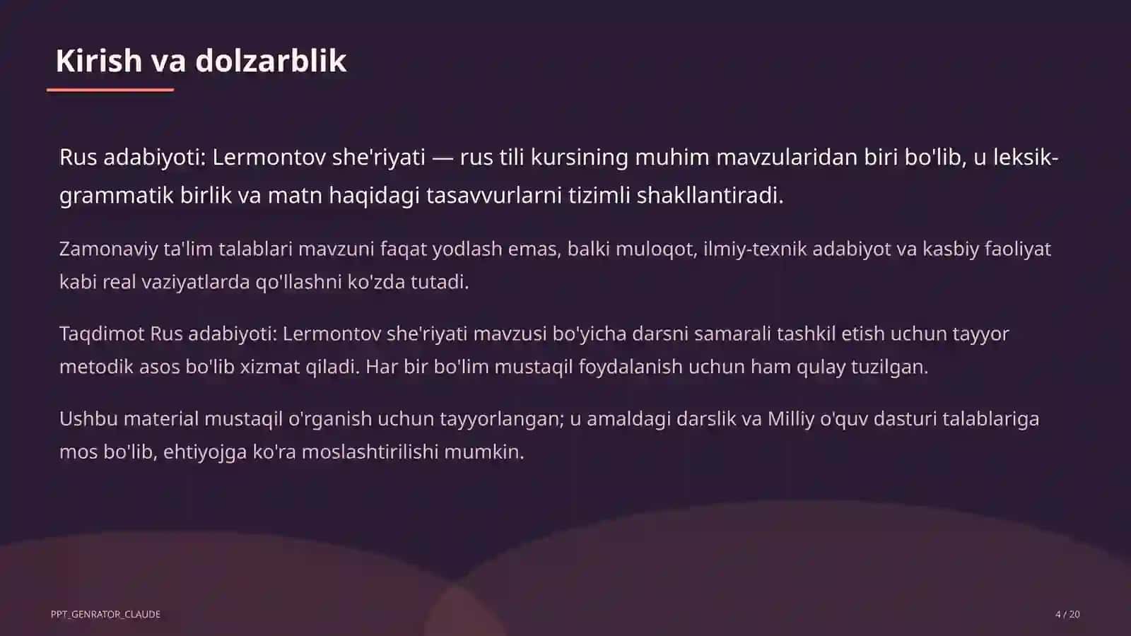 Rus adabiyoti: Lermontov she'riyati (9-sinf) 4