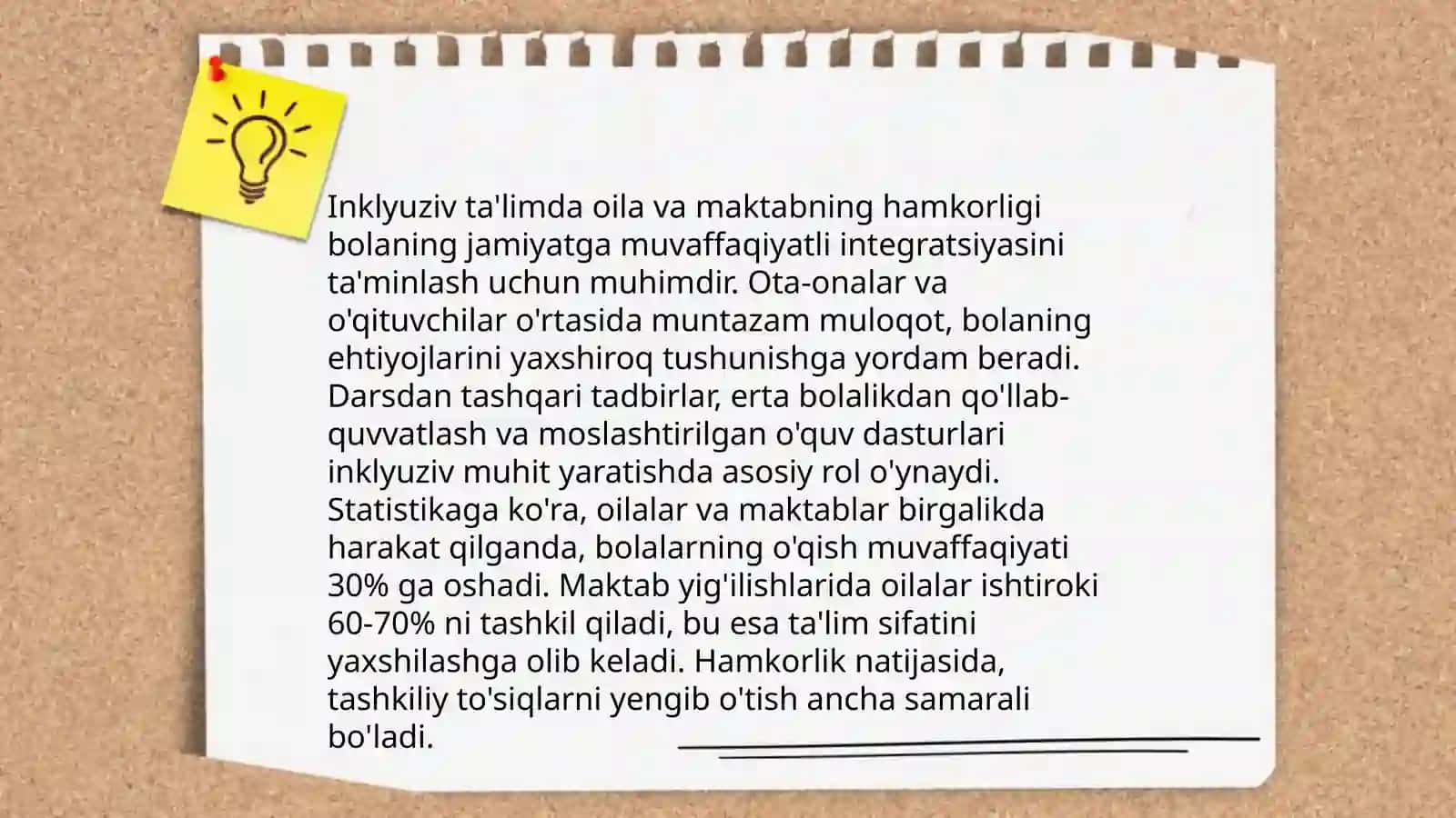 Alohida yordamga muhtoj bolani umumta'lim maktabi yoki maktabgacha tashkilotda inklyuziv ta'lim sharoitida o'qishga moslashishida oila va maktabning o'rni 4