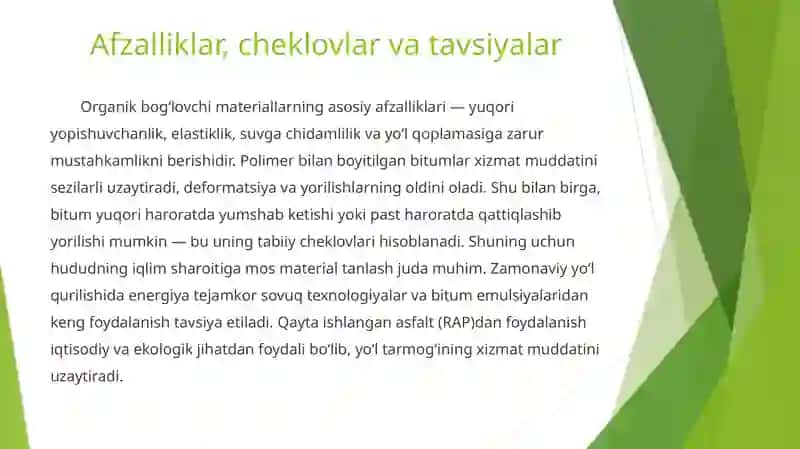 Organik bog‘lovchi materiallar va ulardan yo‘l qurilishda foydalanish. 4