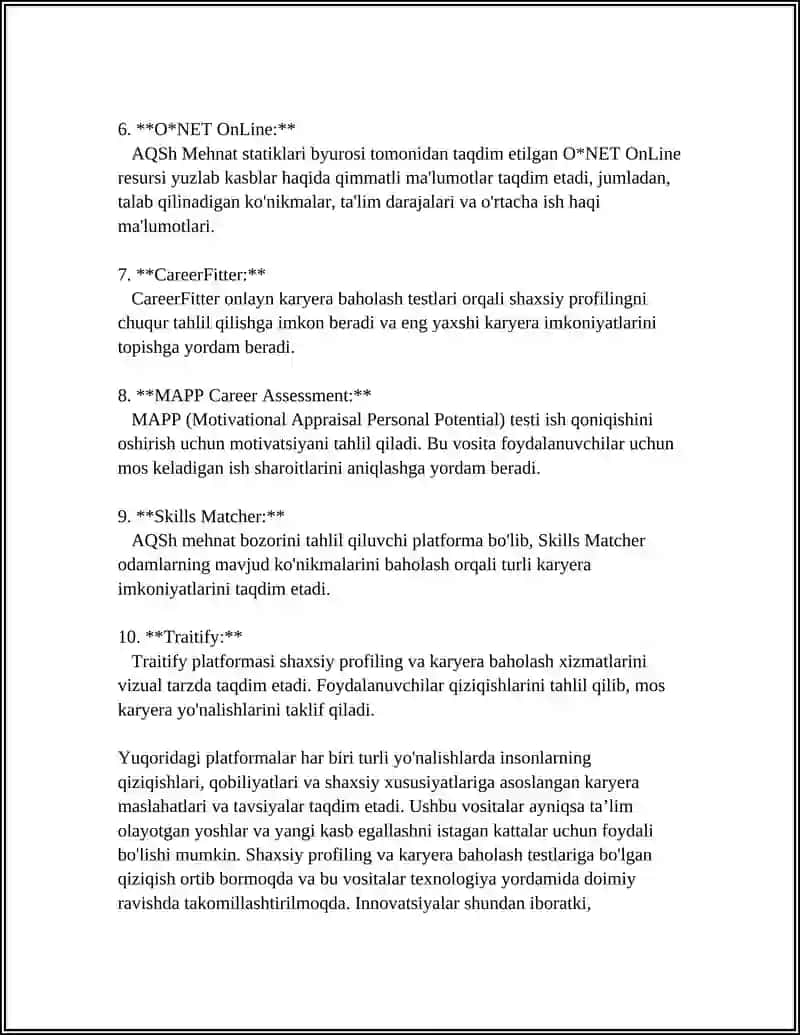 Karyera baholash va shaxsiy profiling uchun onlayn testlar va platformalar 4