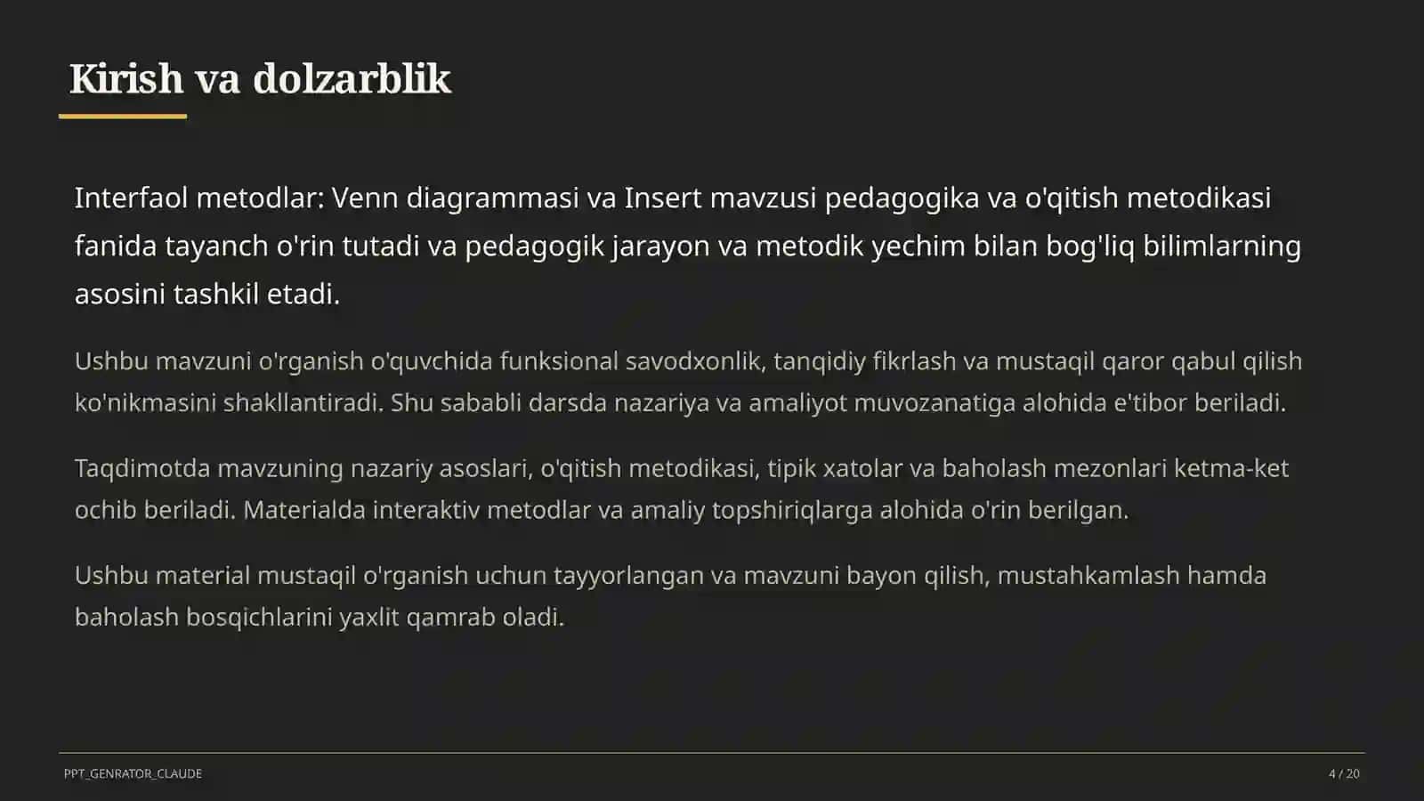 Interfaol metodlar: Venn diagrammasi va Insert 4