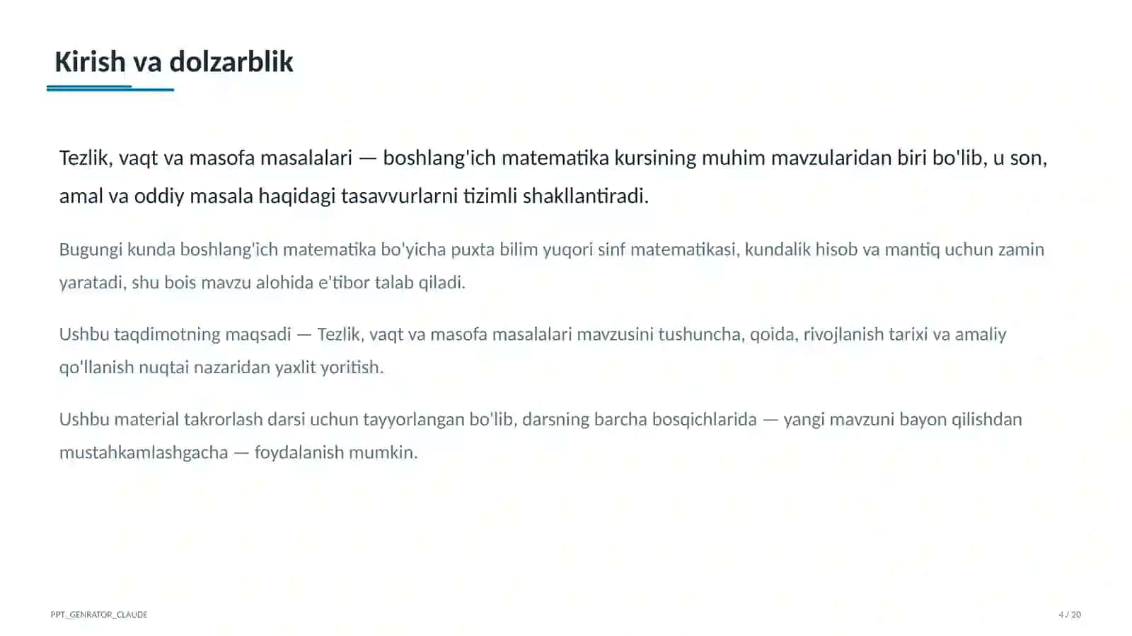 Tezlik, vaqt va masofa masalalari (4-sinf) 4