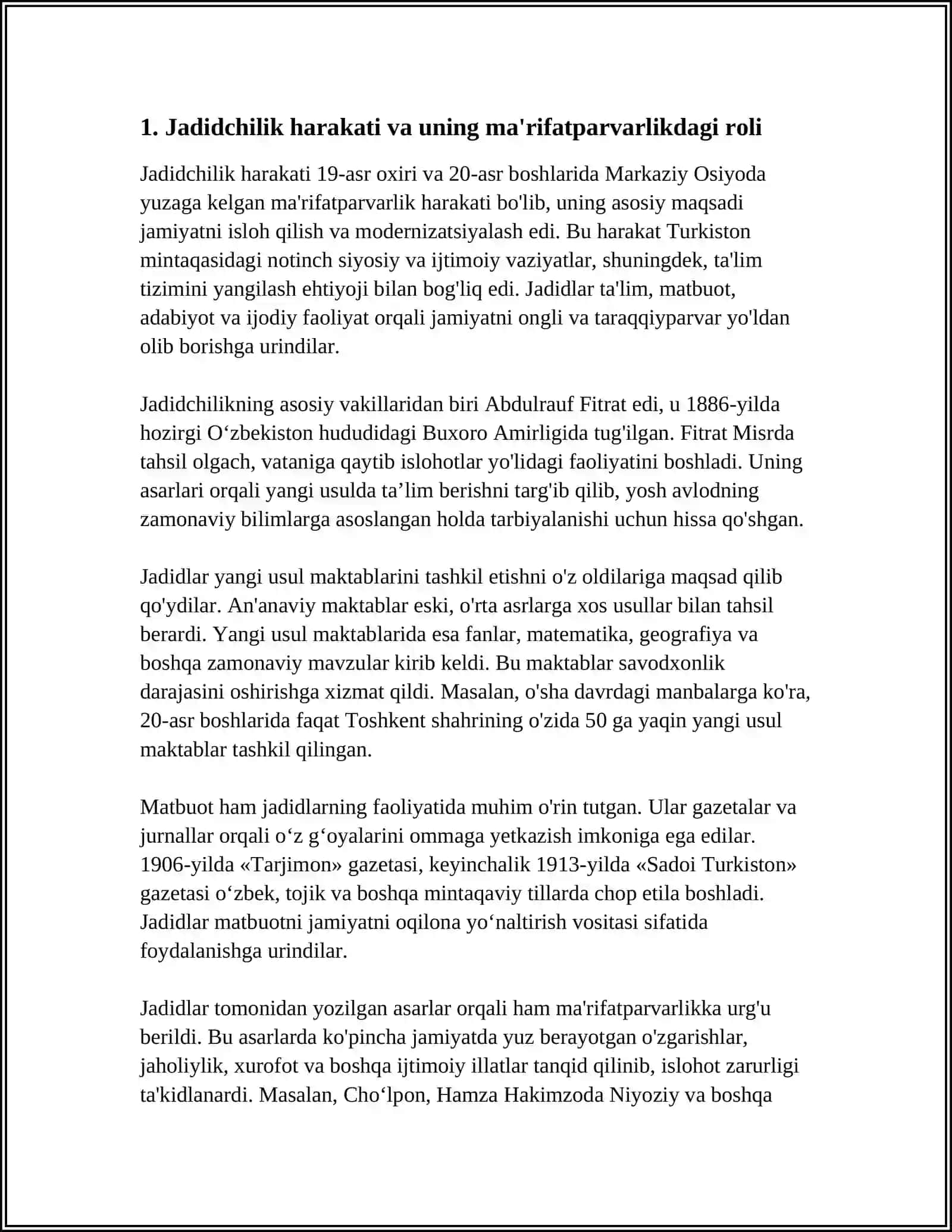 JADID MA'RIFATPARVARLARINING OʻLKA IJTIMOIY-MA'NAVIY HAYOTIDA TUTGAN O'RNI (MUNAVVAR QORI, FITRAT, BEHBUDIY, AVLONIY VA BOSHQ.) 4