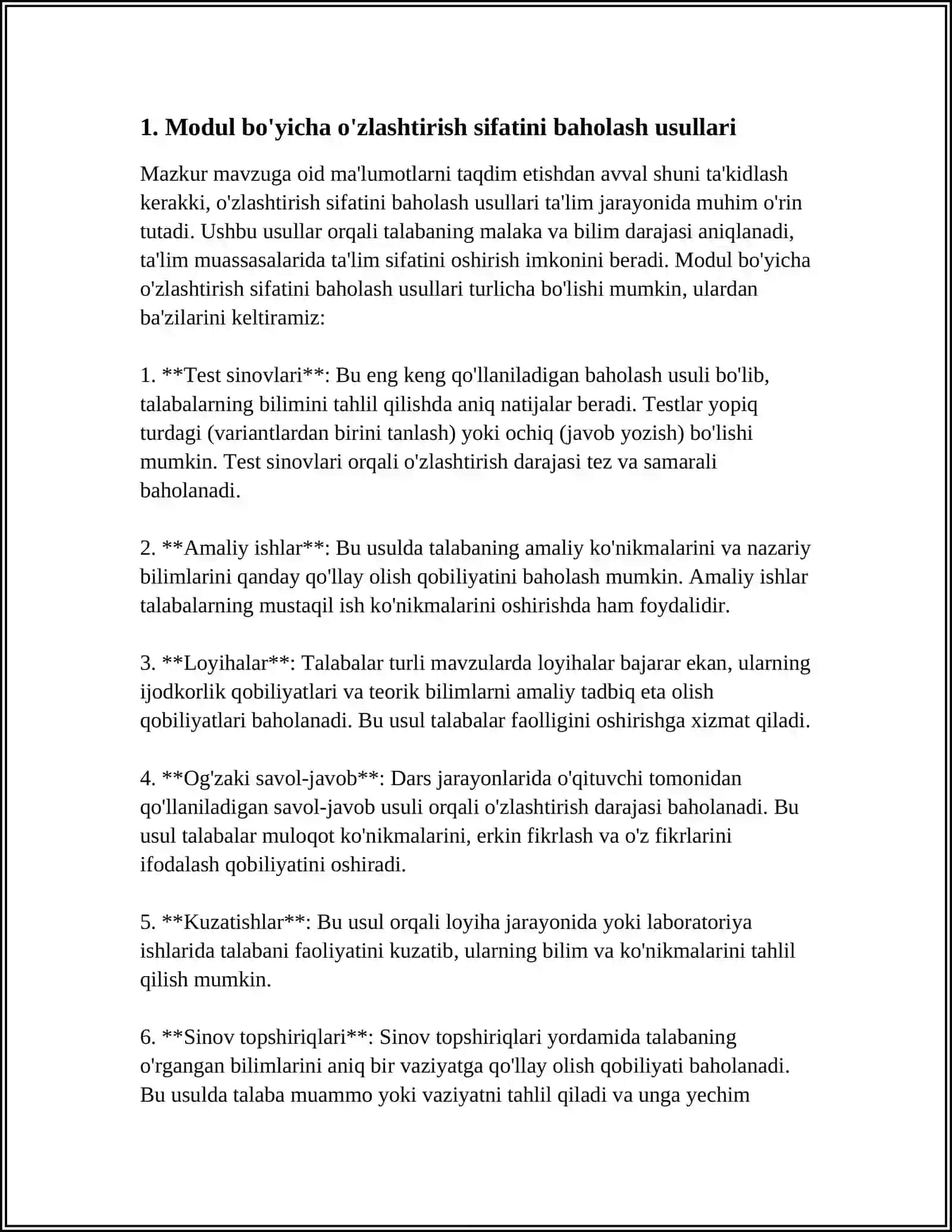 MODUL BOʻYICHA OʻZLASHTIRISH SIFATINI BAHOLASH VA OʻQUV JARAYONINI REJALASHTIRISH, MONITORING OLIB BORISH VA TA'LIM SIFATINI TA'MINLASH, TALABALAR VA NAZORAT QILISH 4
