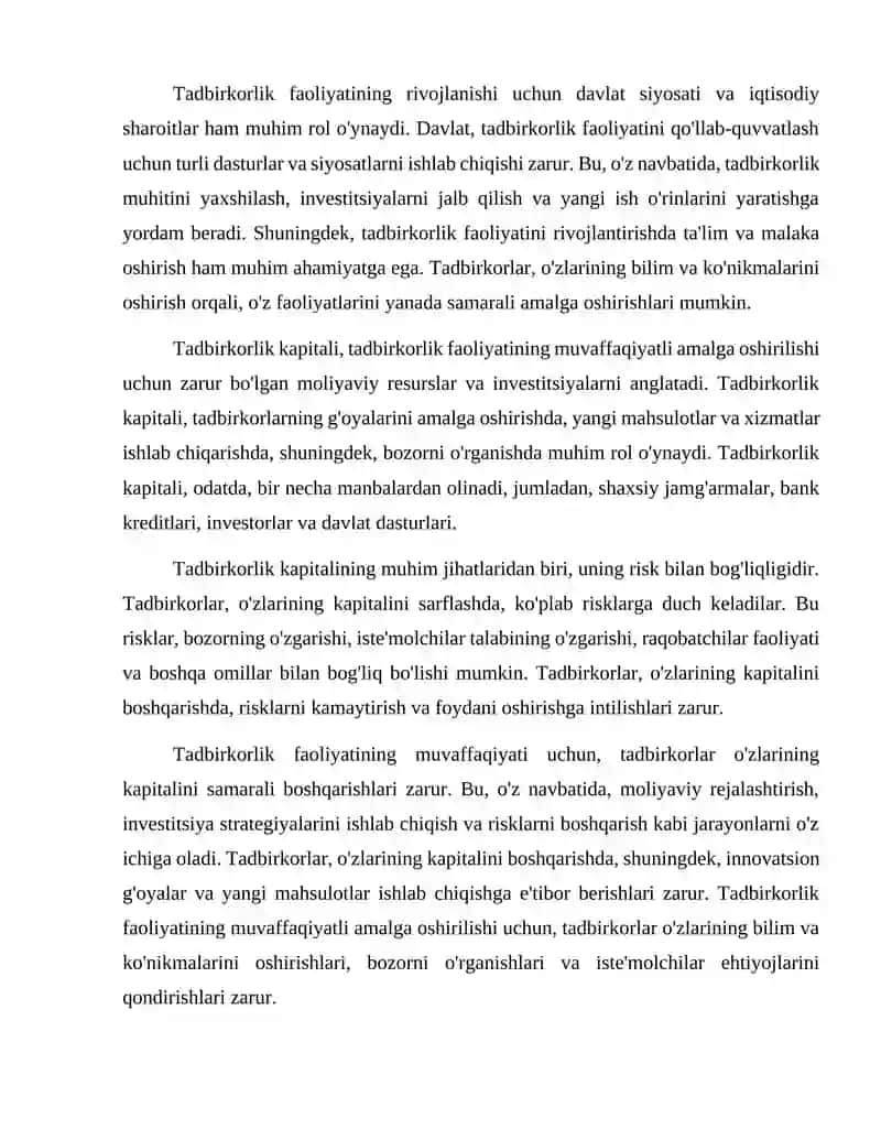 TADBIRKORLIK FAOLIYATI VA TADBIRKORLIK KAPITALI 4