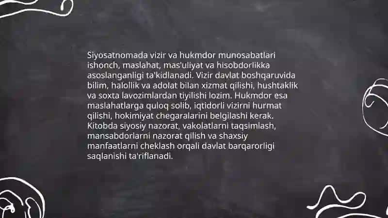 Nizomiymulking ‘’Siyosatnoma’’ asari boyicha jamiyat boshqaruviga oid g’oyalarni taxlil etish 4