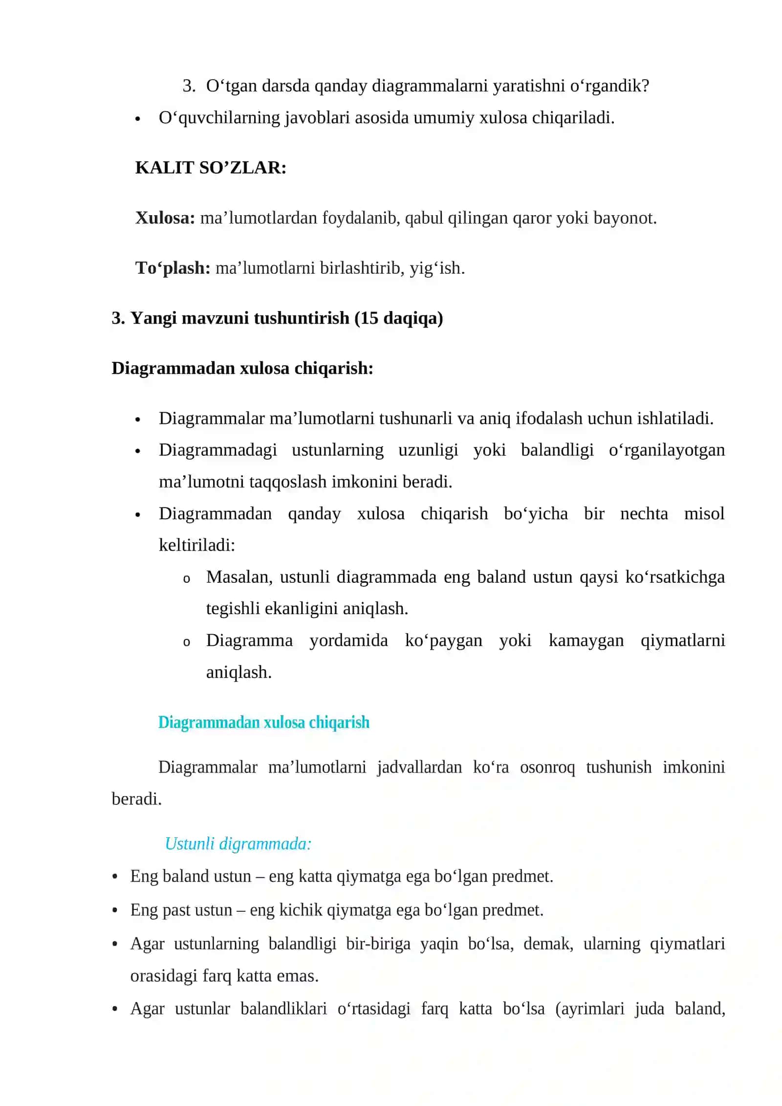 Diagrammadan xulosa chiqarish. Ustunli diagramma ustunlari rangini o'zgartirish 4