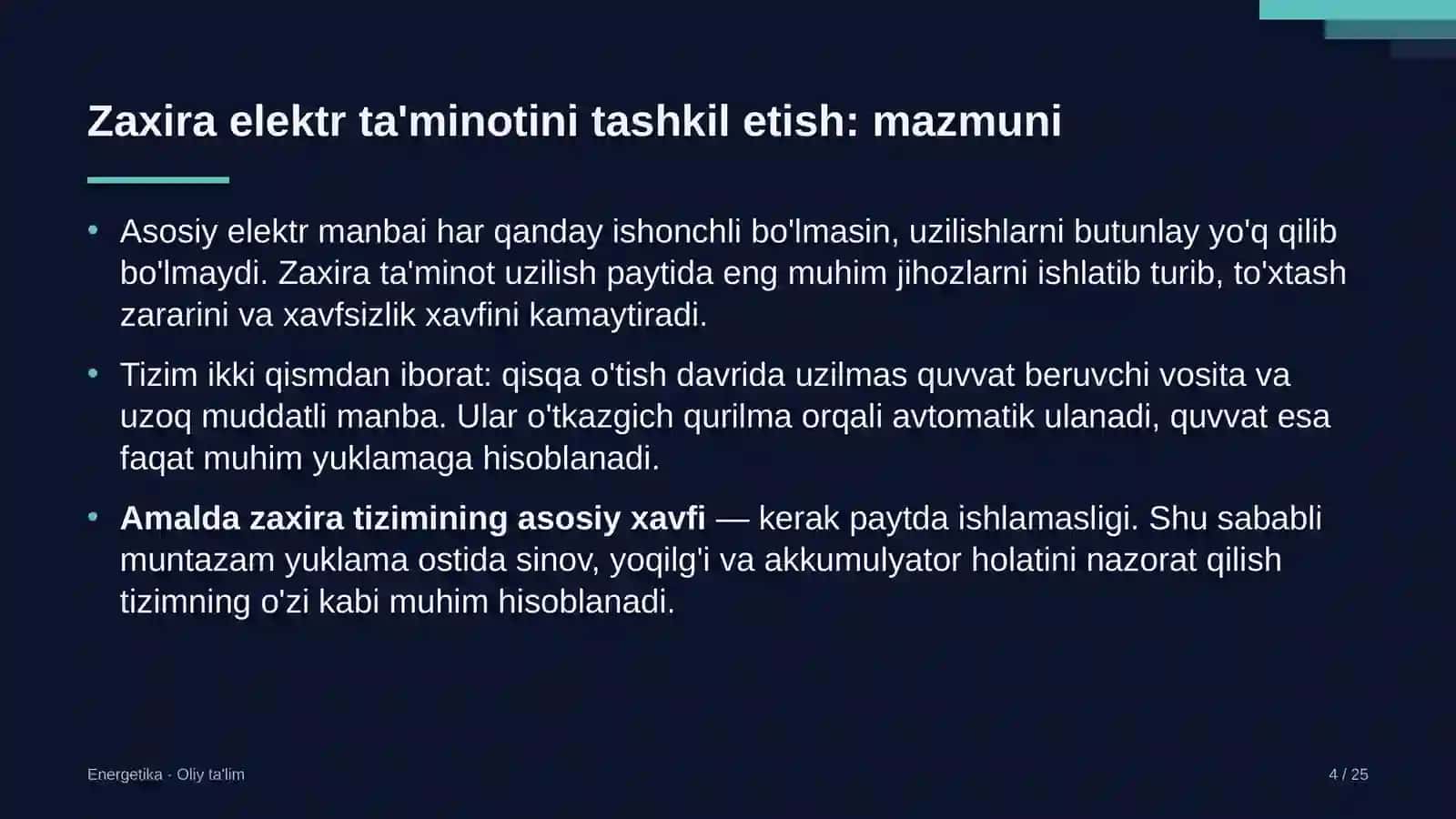 Dilerlik tarmoqlarida zaxira elektr ta'minotini tashkil etish 4
