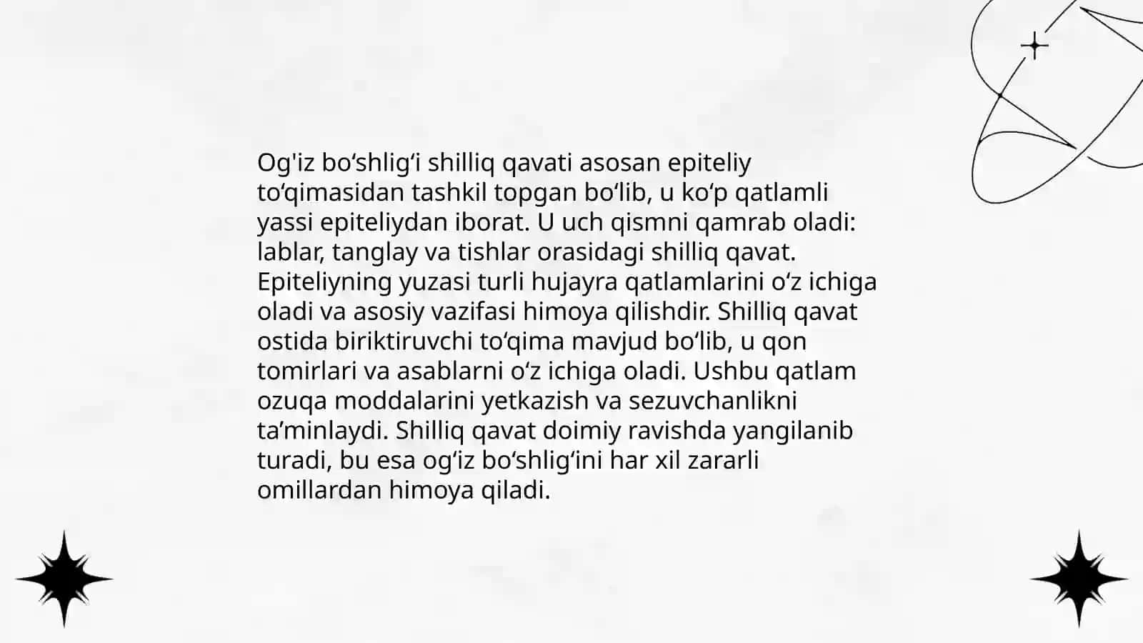 Lab va og’iz bo'shligi shilliq qavati hamda teri anatomiyasi, gistologiyasi. Terining asosiy funktsiyalari 4