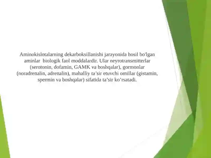 Biogen aminlarning vazifalari. Ammiakning hosil bo’lishi va zararsizlantirish yo’llari. 4