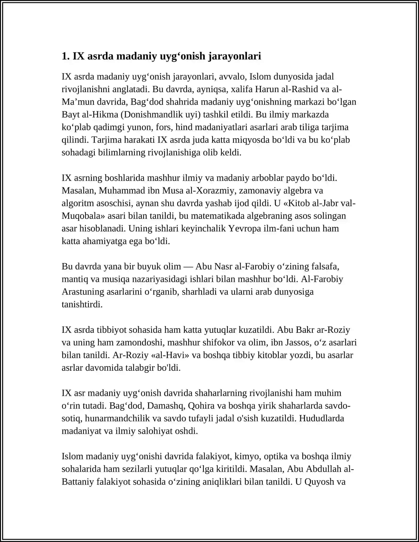 IX-XII ASRLARDA MAMLAKATIMIZ HUDUDIDA ROʻY BERGAN MADANIY UYGʻONISH.BUYUK ALLOMALARNING JAHON SIVILIZATSIYASIGA QOʻSHGAN HISSASI 4