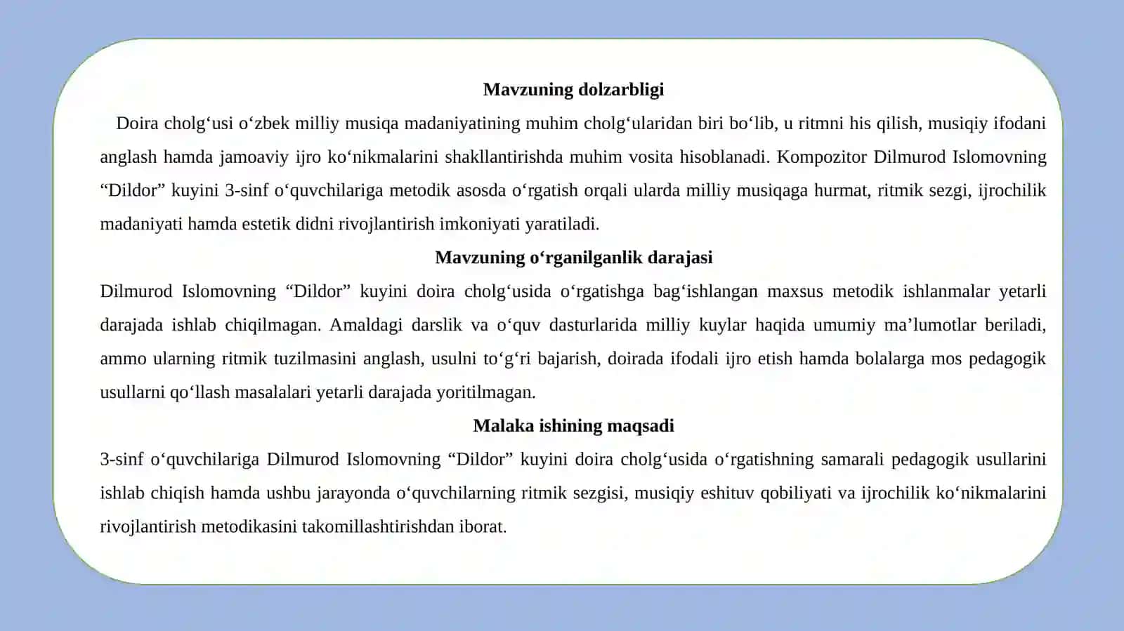 "BMSMning 3-sinf o‘quvchilariga M.Mirzayevning “Dildor” kuyini doira cholg‘usida o‘rgatish metodikasi” 4