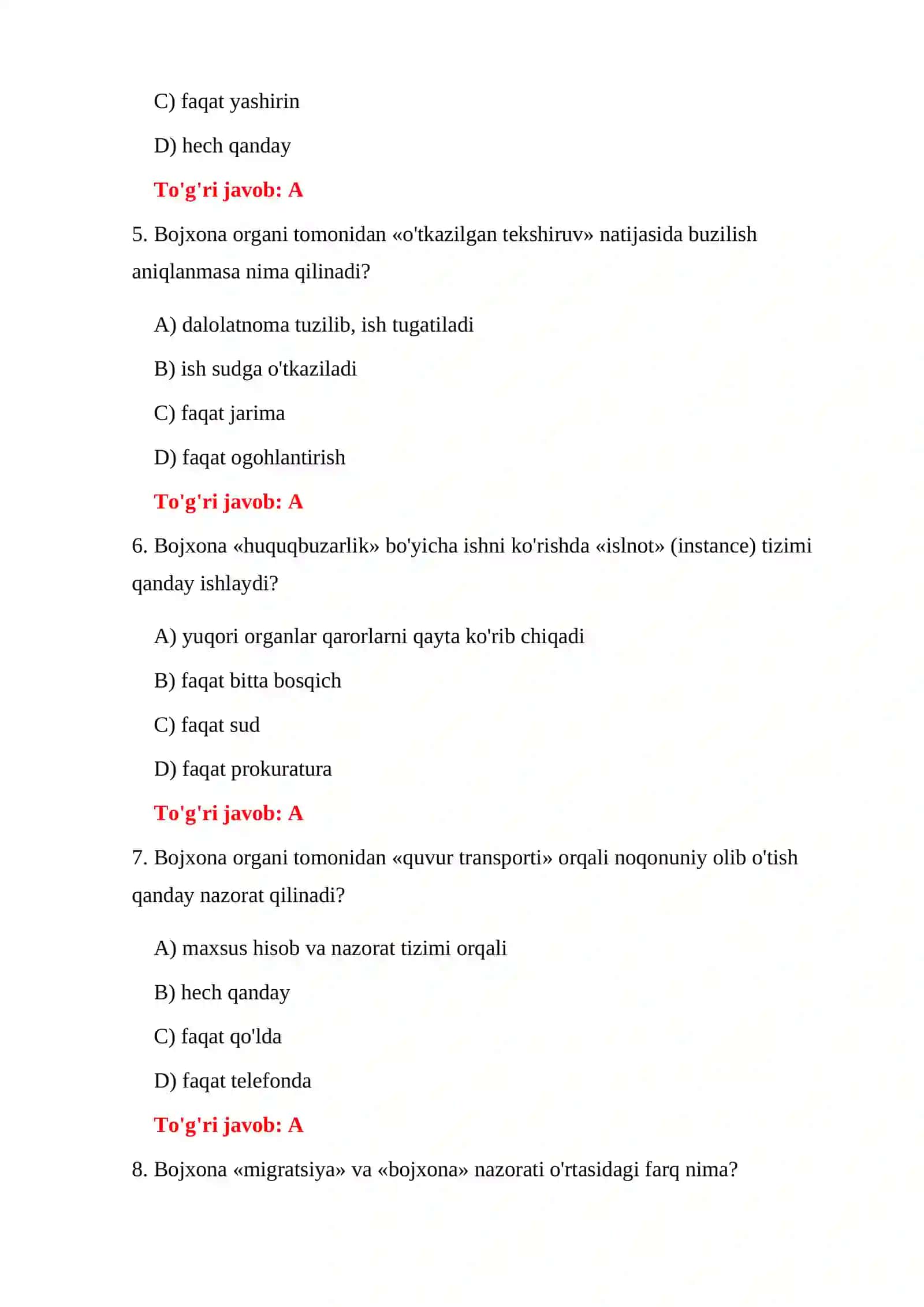 BOJXONA HUQUQBUZARLIGI UCHUN JAVOBGARLIK TESTLARI 4