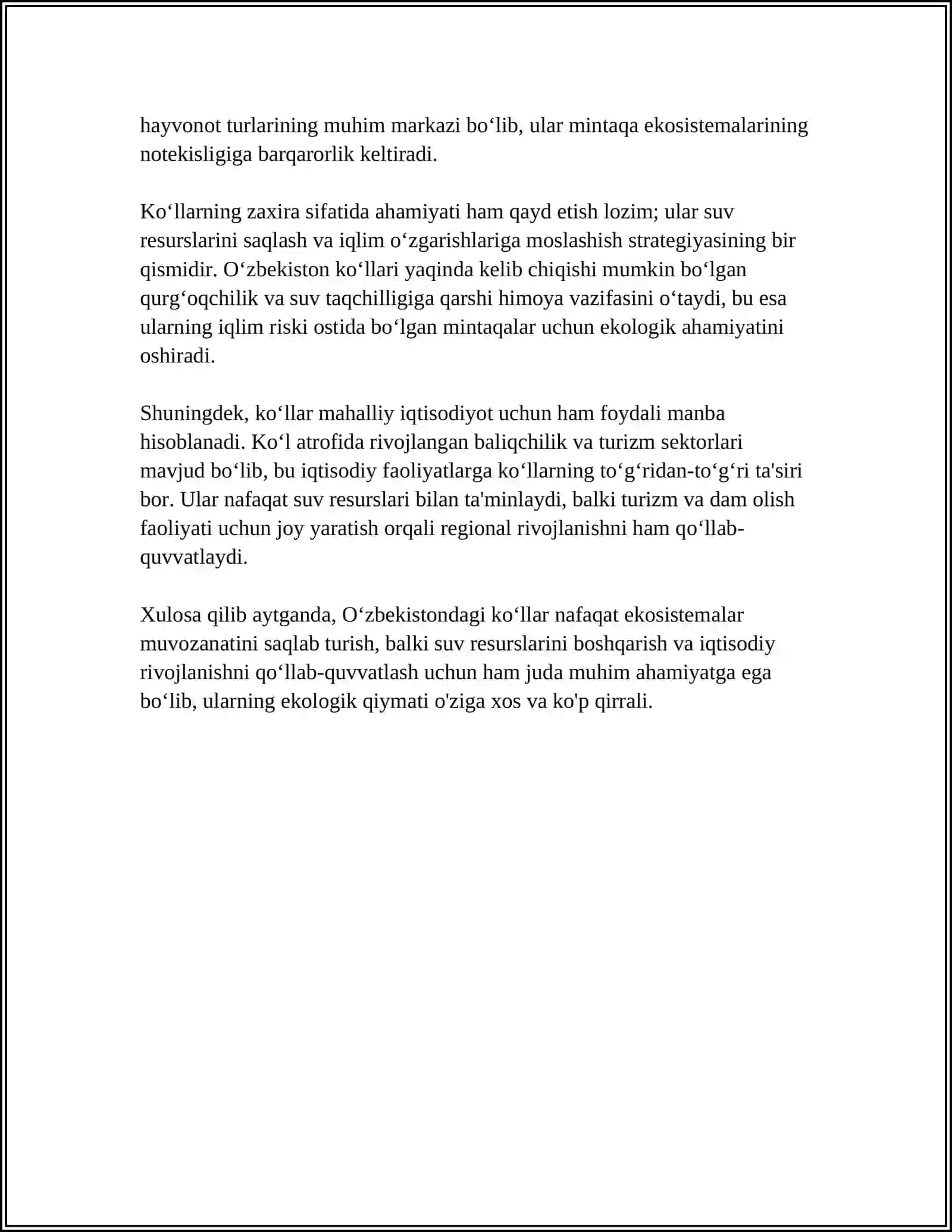 MUSTAQIL ISH: ÕZBEKISTONDAGI KÕLLARNING BUGUNGI KUNDAGI AHAMIYATI 4
