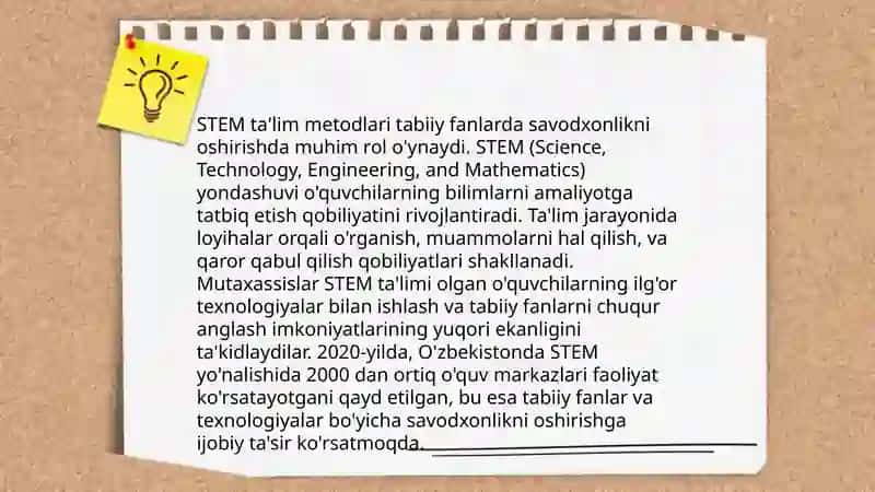 Tabiiy fanlardan zamonaviy oʻqitish usullari va tabiiy fanlar savodxonligini rivojlantirishga qaratilgan innovatsion metodikalar raqamli texnologiyalar va interaktiv taʼlim vositalarining tabiiy fanlar savodxonligini rivojlantirishdagi oʻrni 4