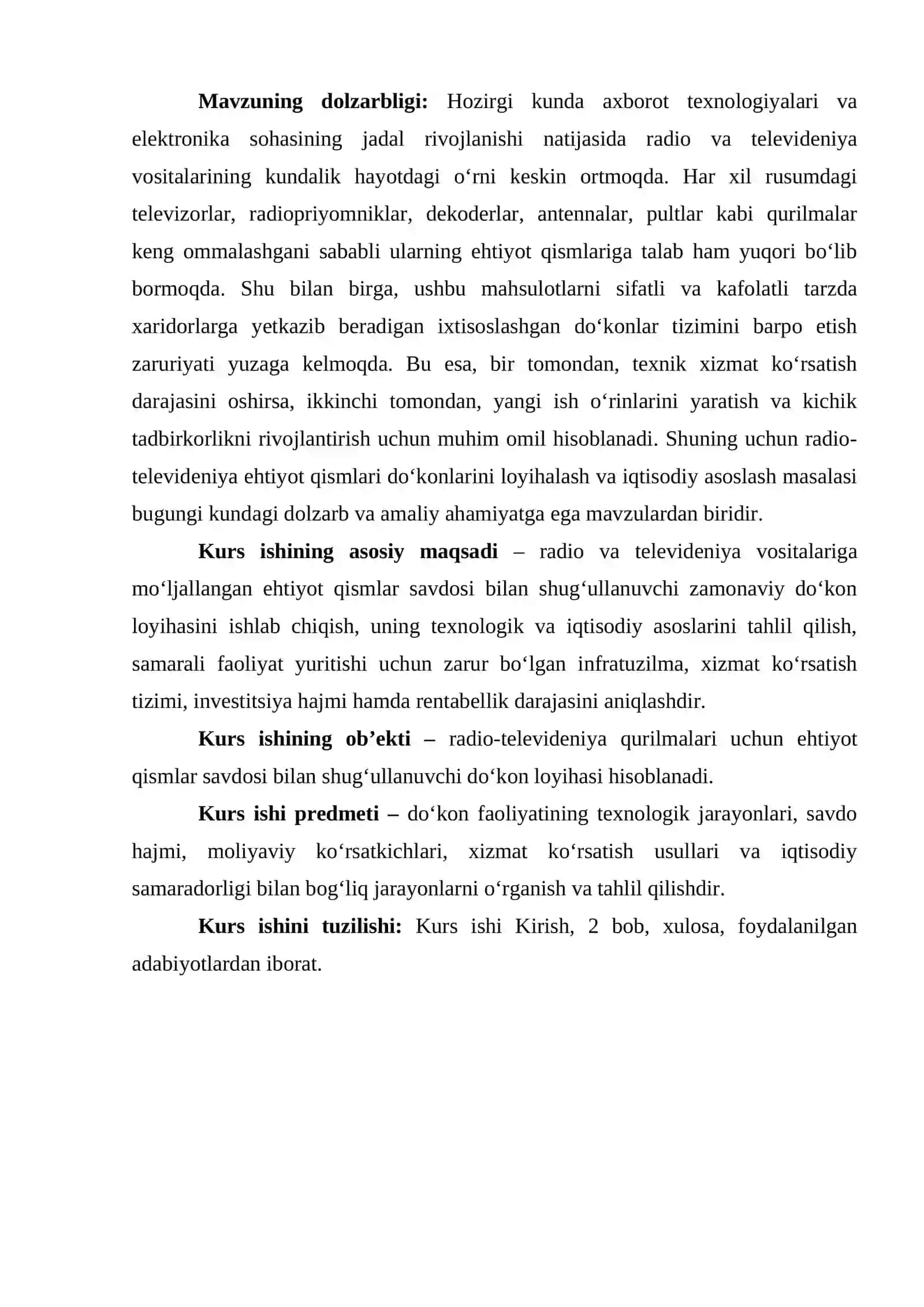 RADIO-TELEVIDENYA EHTIYOT QISMLARI DO‘KONLARI LOYIHASINI LOYIHALASHTIRISH VA ISHLAB CHIQISH 4