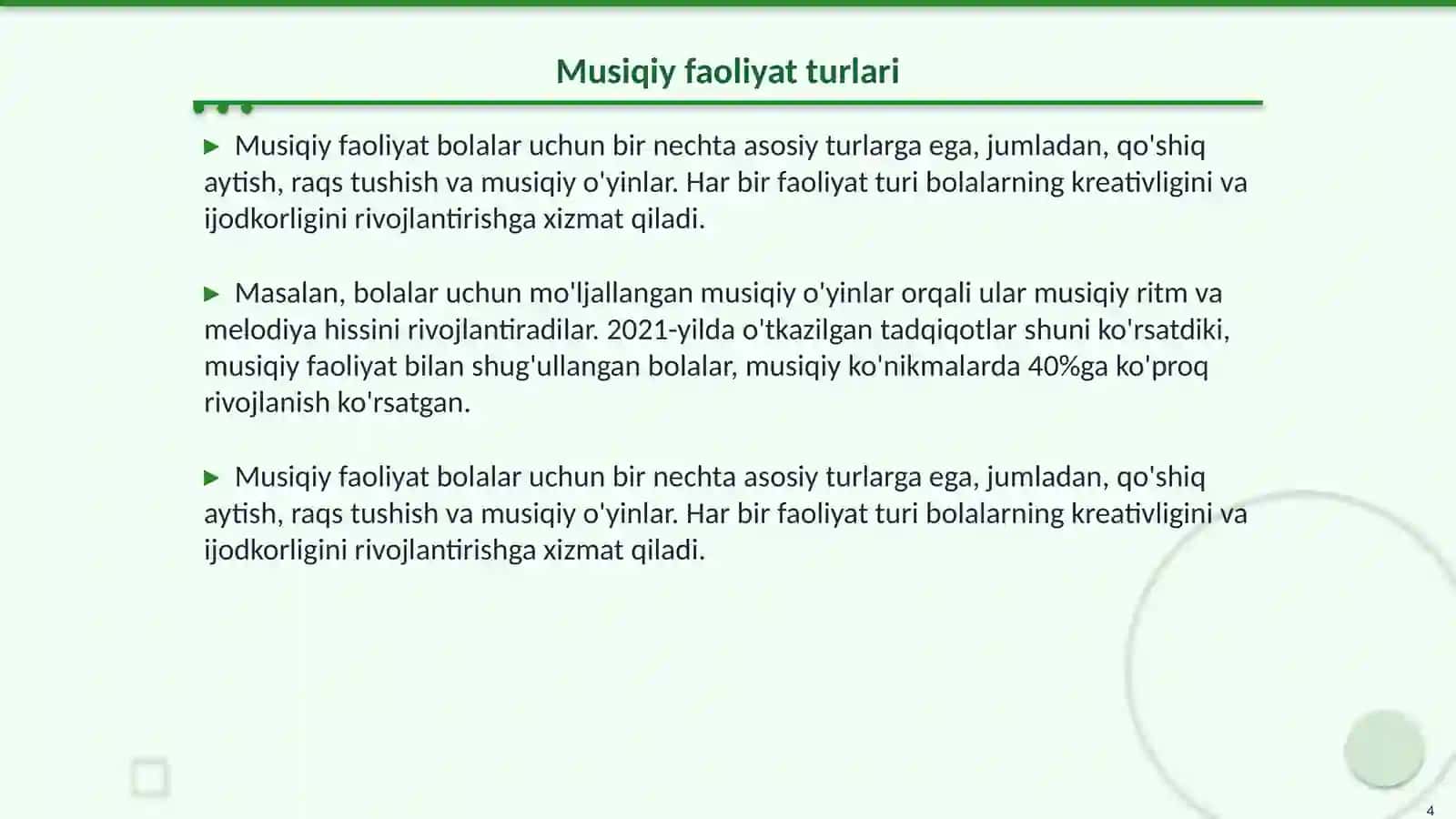 Maktabgacha kichik yoshdagi bolalarning musiqiy faoliyati Mazmuni 4