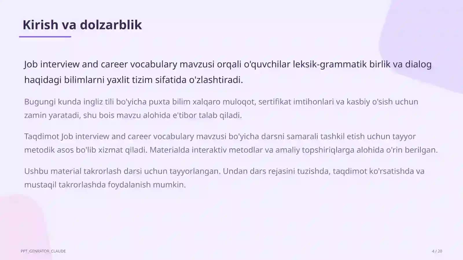 Job interview and career vocabulary (11-sinf) Ingliz tili 4