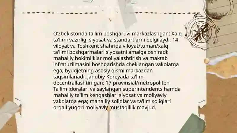 Oʻzbekiston ta'lim tizimini boshqarish tuzilmasini Janubiy Koreya bilan solishtirish tahlili 4