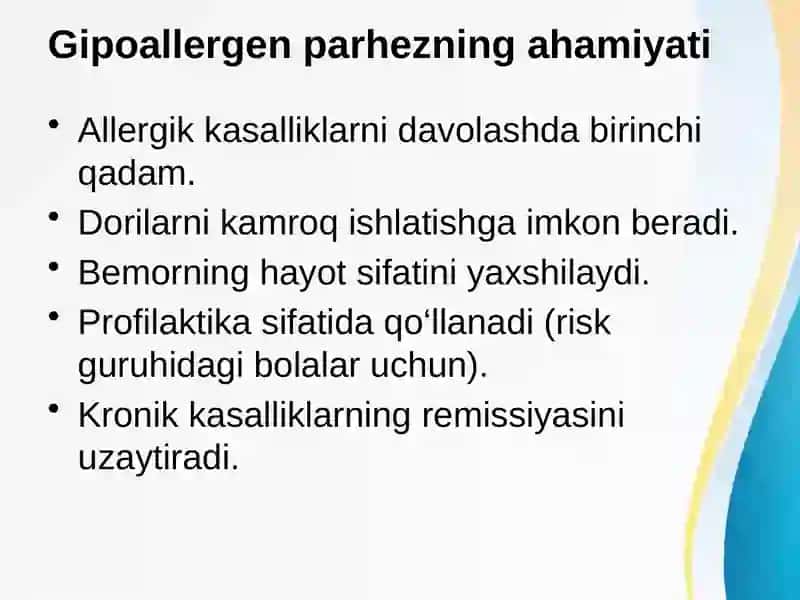 Gipoallergenli parhezlar, turlari va tayinlash qoidalari 4