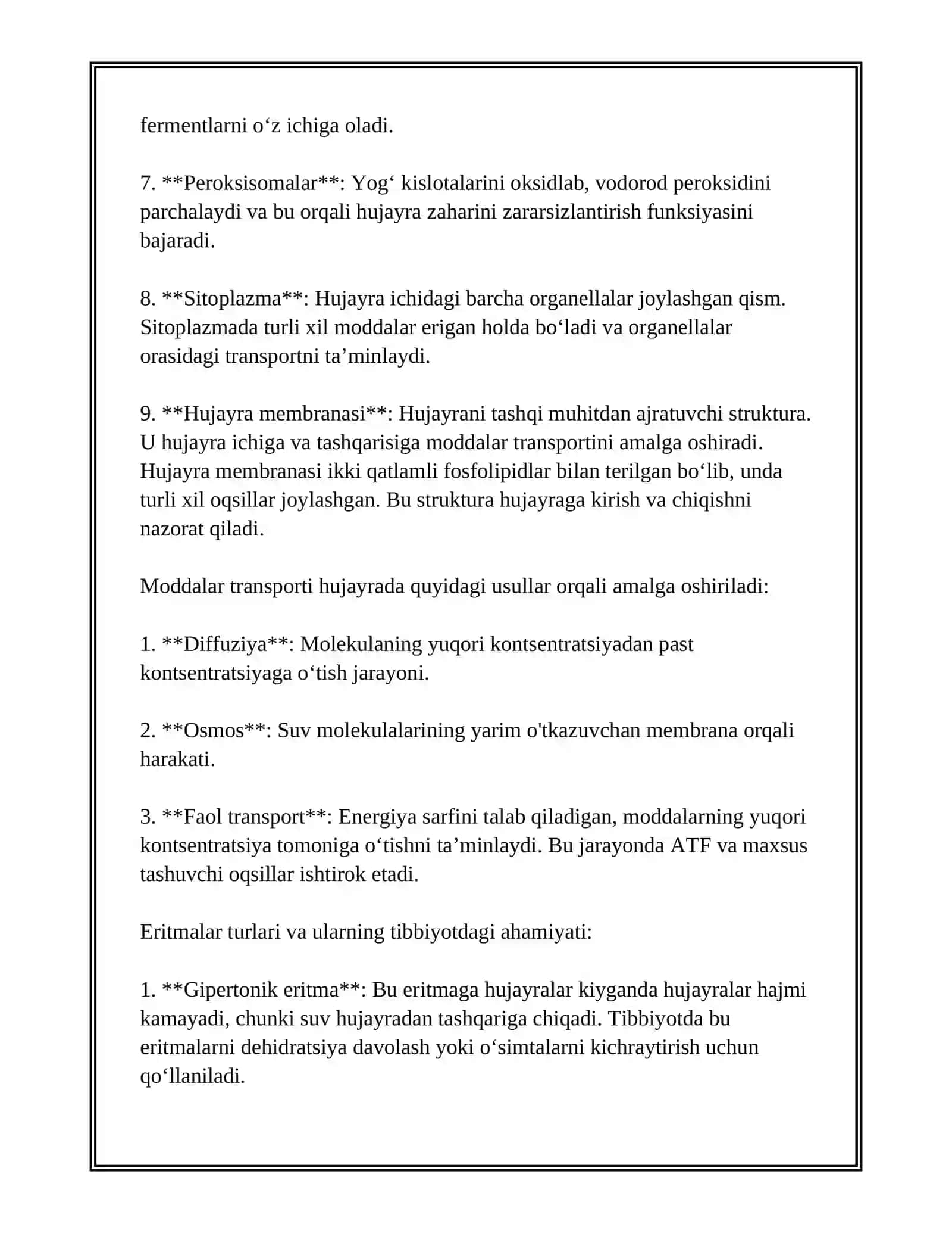 Eukariot hujayralari. Hujayra membranasi uning nozik tuzilishi va hujayraga moddalar kirishi 4