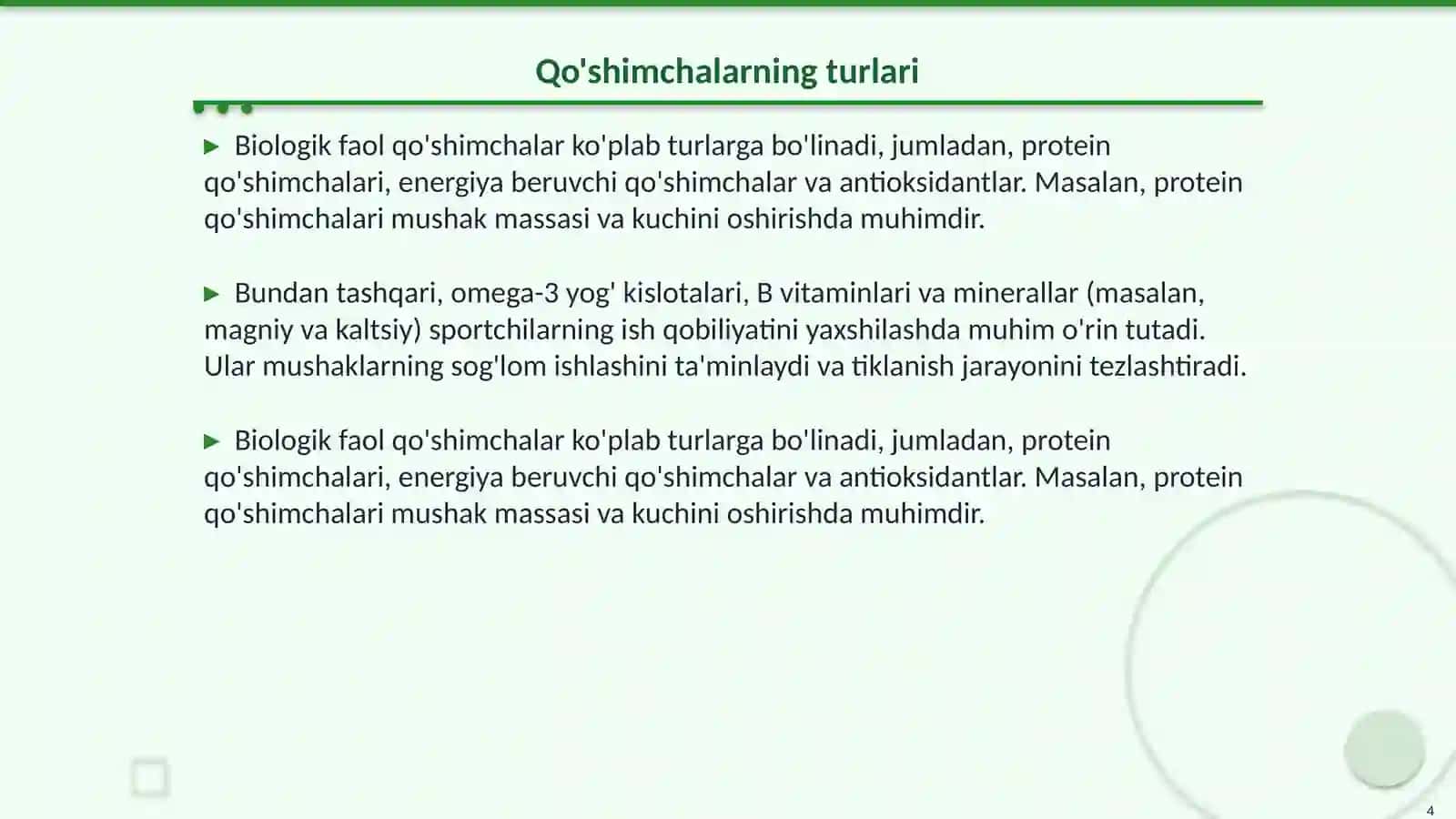 Biologik faol qo'shimchalar yordamida sportchilarning ish qobiliyatini oshirish 4