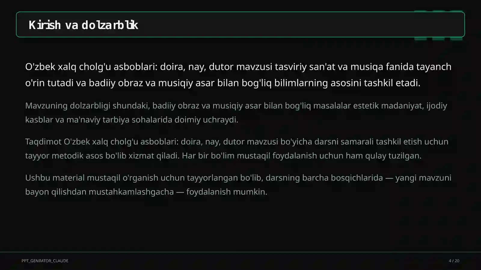 O'zbek xalq cholg'u asboblari: doira, nay, dutor (2-sinf) 4
