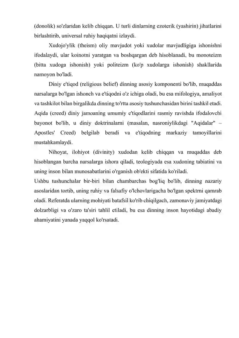 Din, dinshunoslik, din falsafasi, teologiya, teosofiya, xudojo'ylik, diniy e'tiqod, aqida ilohiyot tushunchalarining mohiyati REFERAT 4