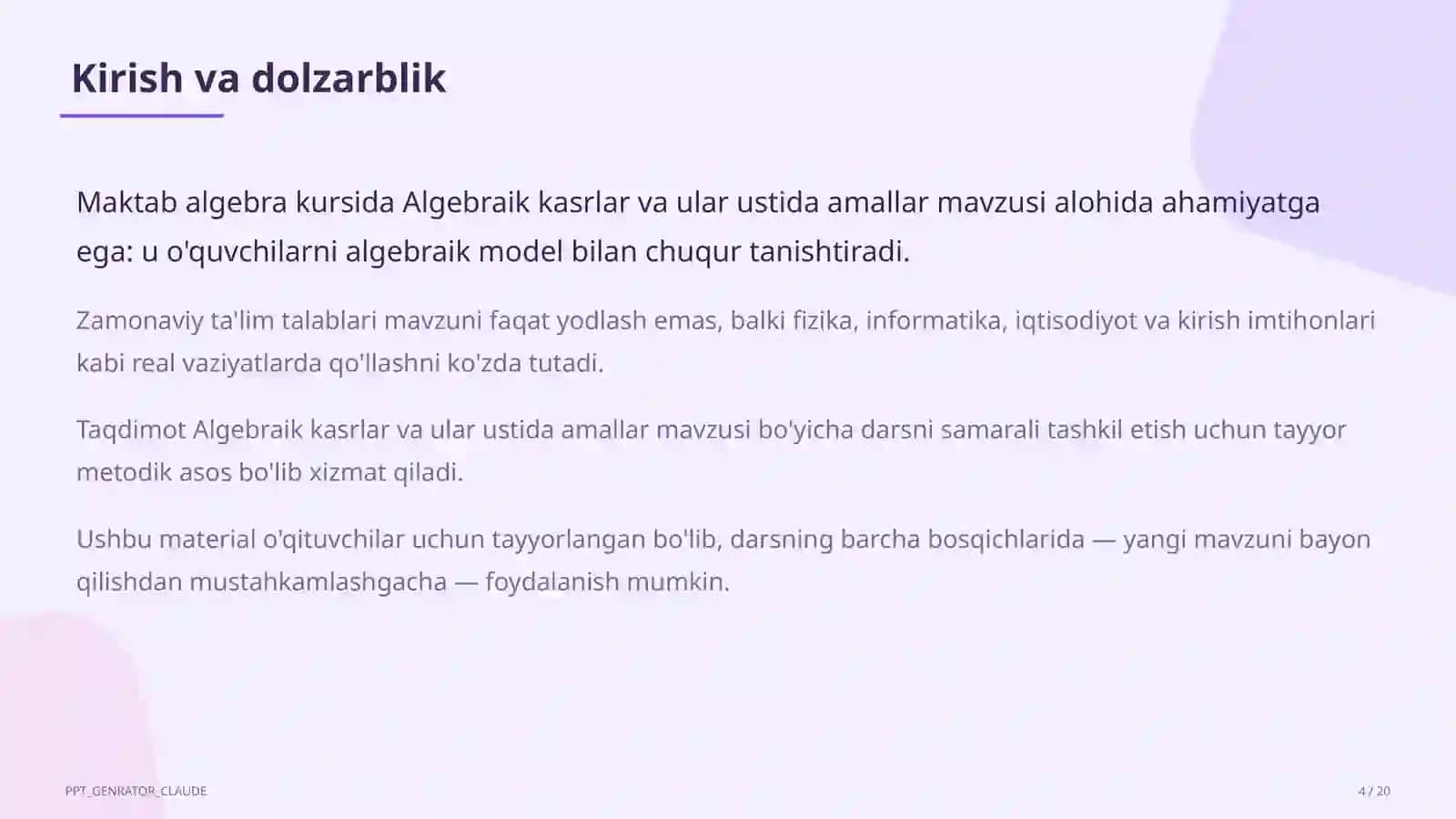 Algebraik kasrlar va ular ustida amallar (8-sinf) 4