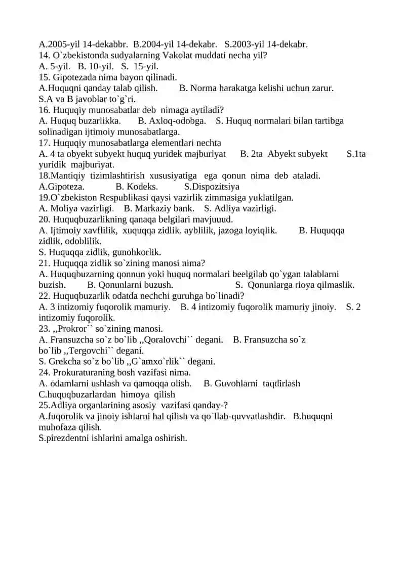 O`zbekiston davlati va huquqi asoslari fanidan test II-chorak 4