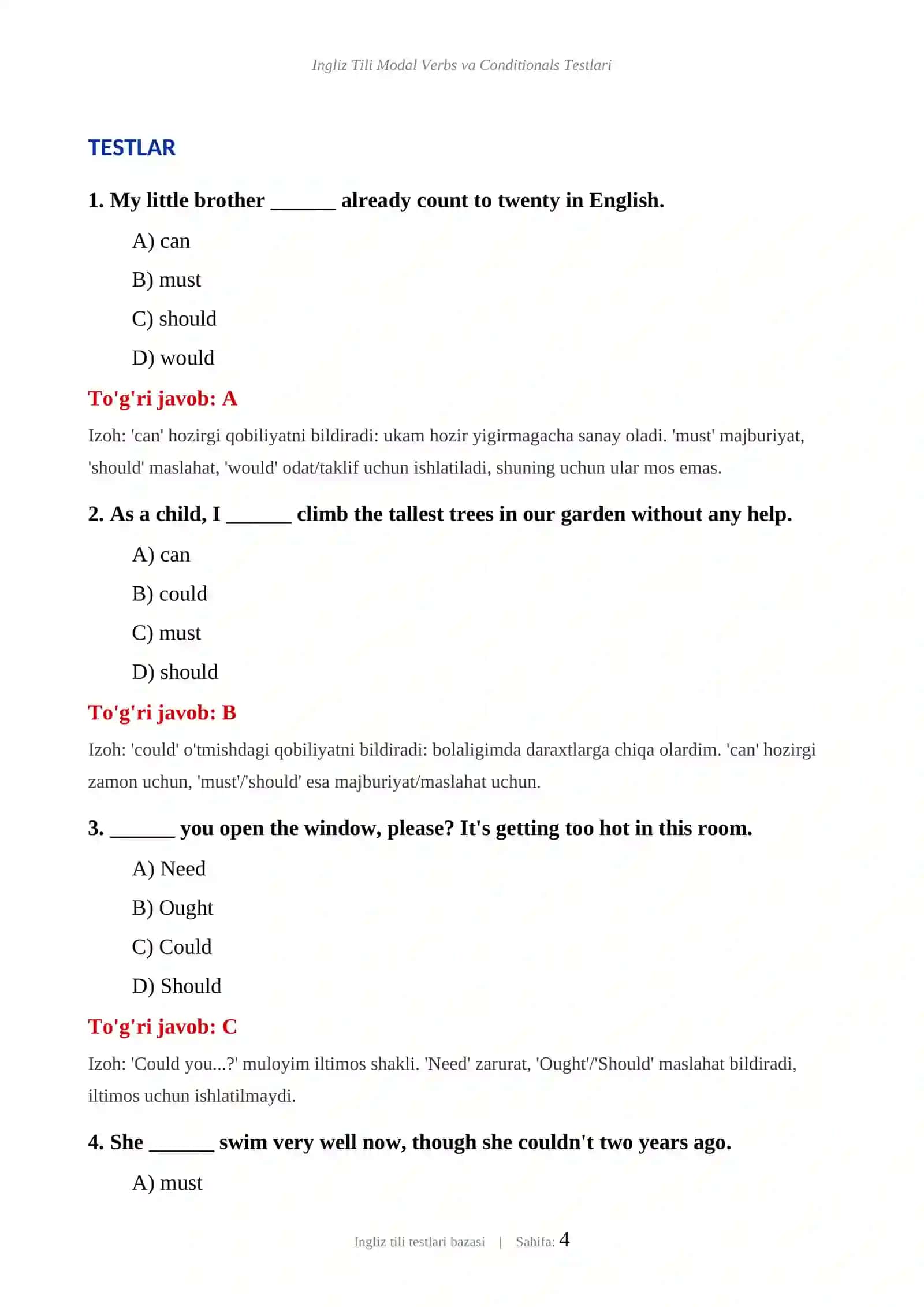 INGLIZ TILI MODAL VERBS VA CONDITIONALS TESTLARI 4