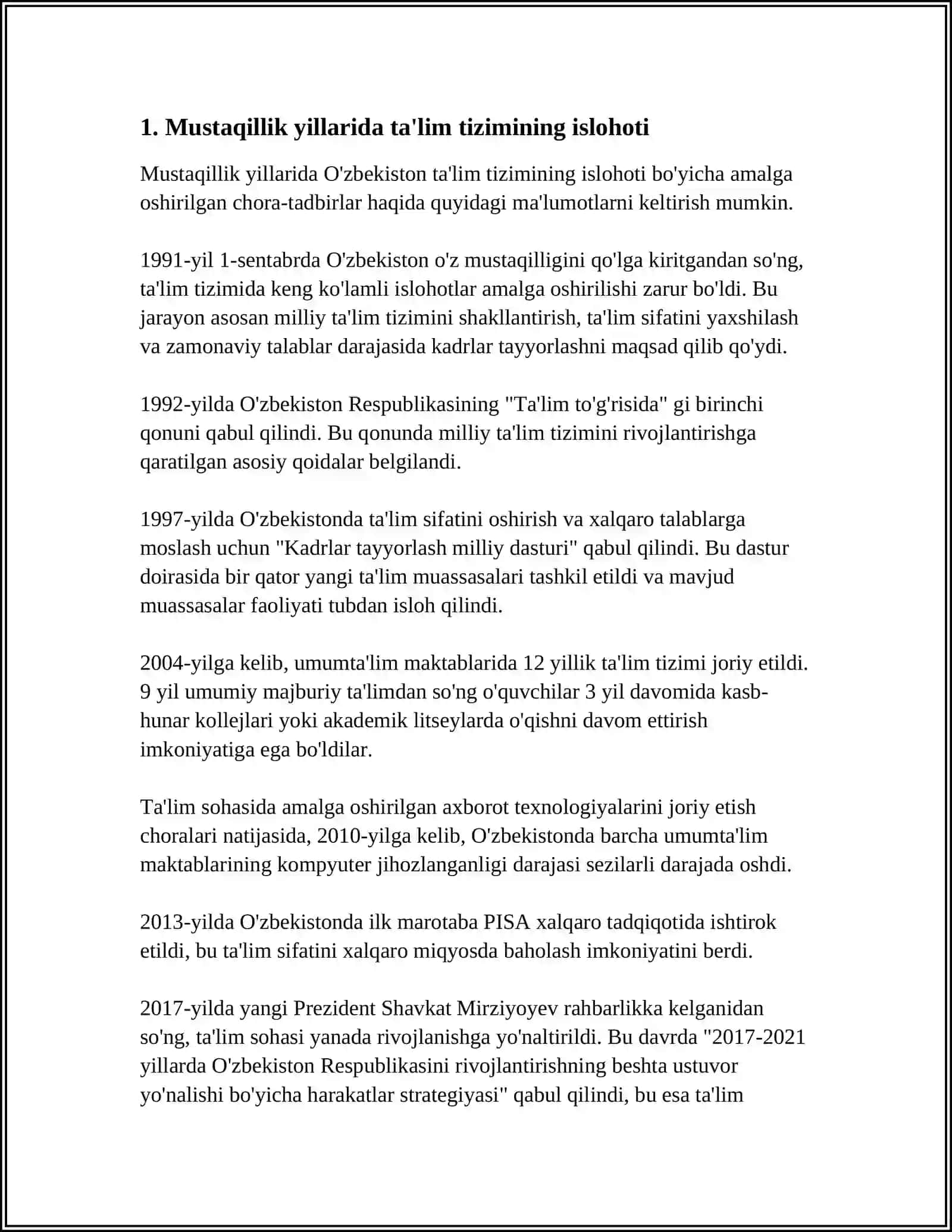 O'ZBEKISTON RESPUBLIKASIDA TALIM SOHASIDA AMALGA OSHIRILGAN ISLOHOTLAR 4