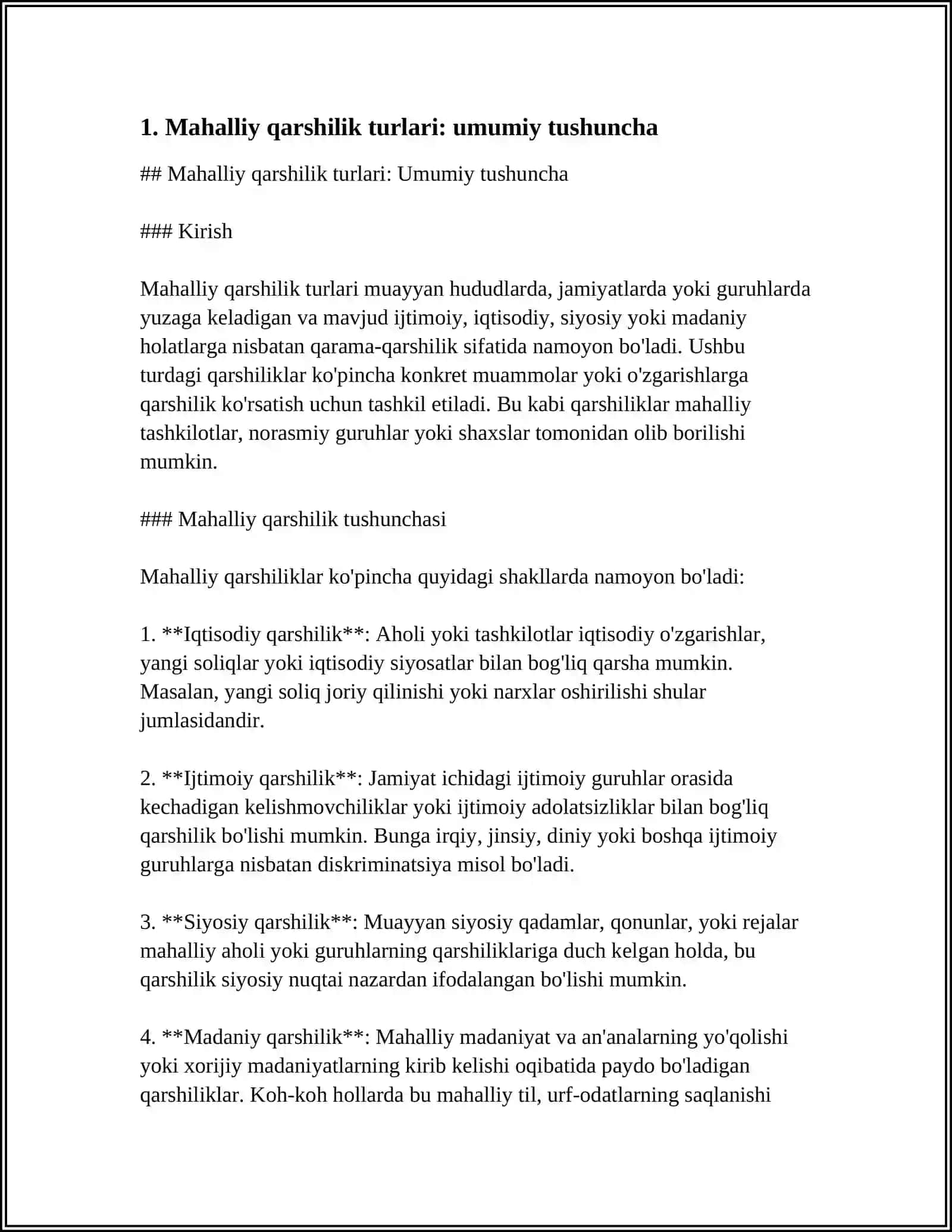 MAHALLIY QARSHILIK TURLARI, ULARNING ASBOBLARI HISOBLASHDAGI TA`SIRI 4