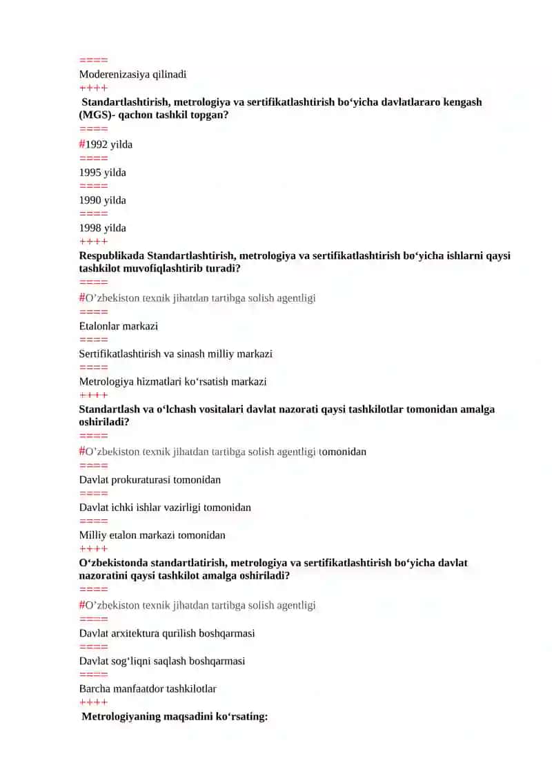 METROLOGIYA, STANDARTLASHTIRISH VA SERTIFIKATLASHTIRISH FANIDAN YAKUNUY NAZORAT TESTLARI 4