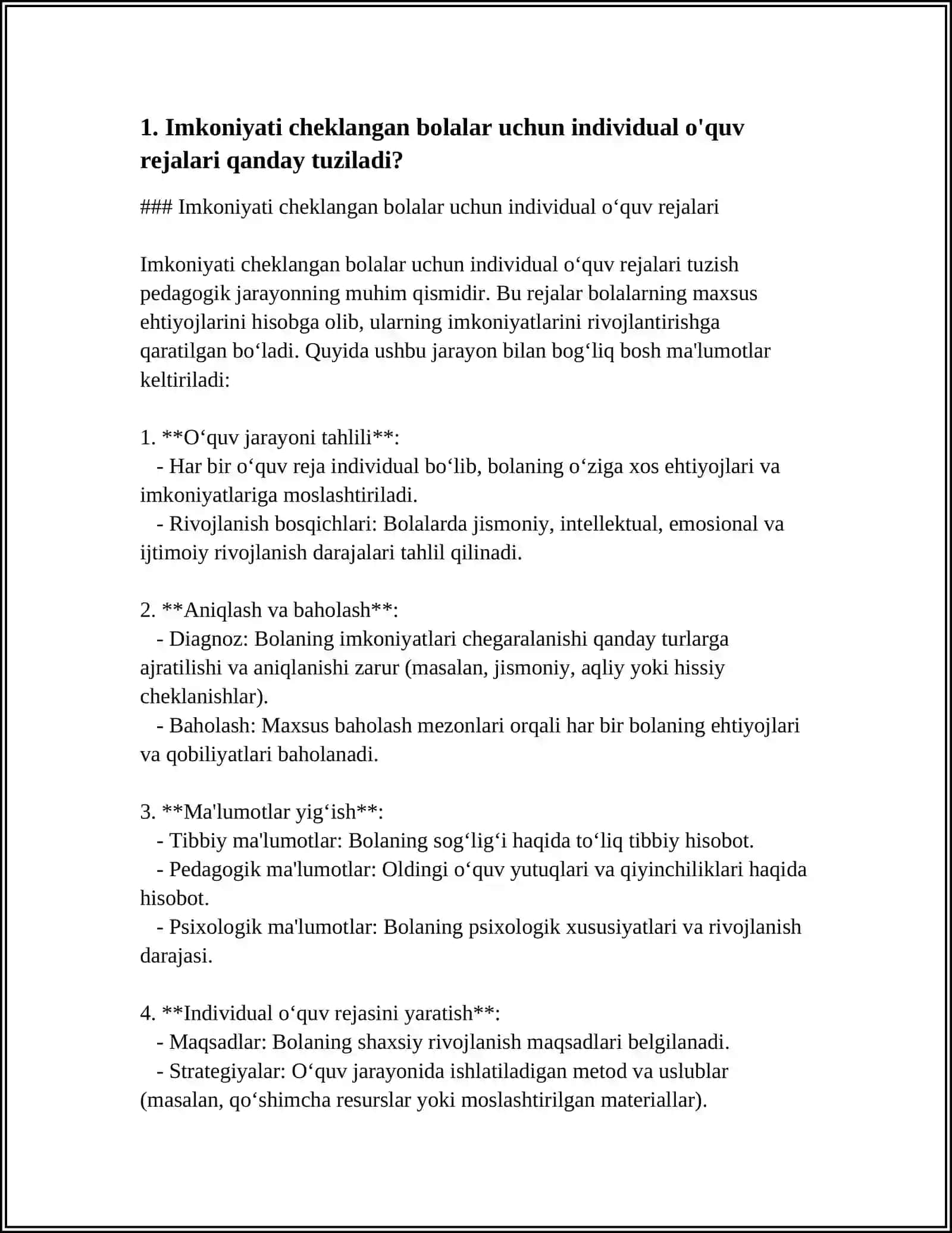 IMKONIYATI CHEKLANGAN BOLALARINI INKLYUZIV TALIM JARAYONIDA OQITISH BOYICHA INDIVIDUAL REJA DASTURLARINI YARATISH VA OQUV METODIK ADABIYOTLARINI MOSLASHTIRISH 4
