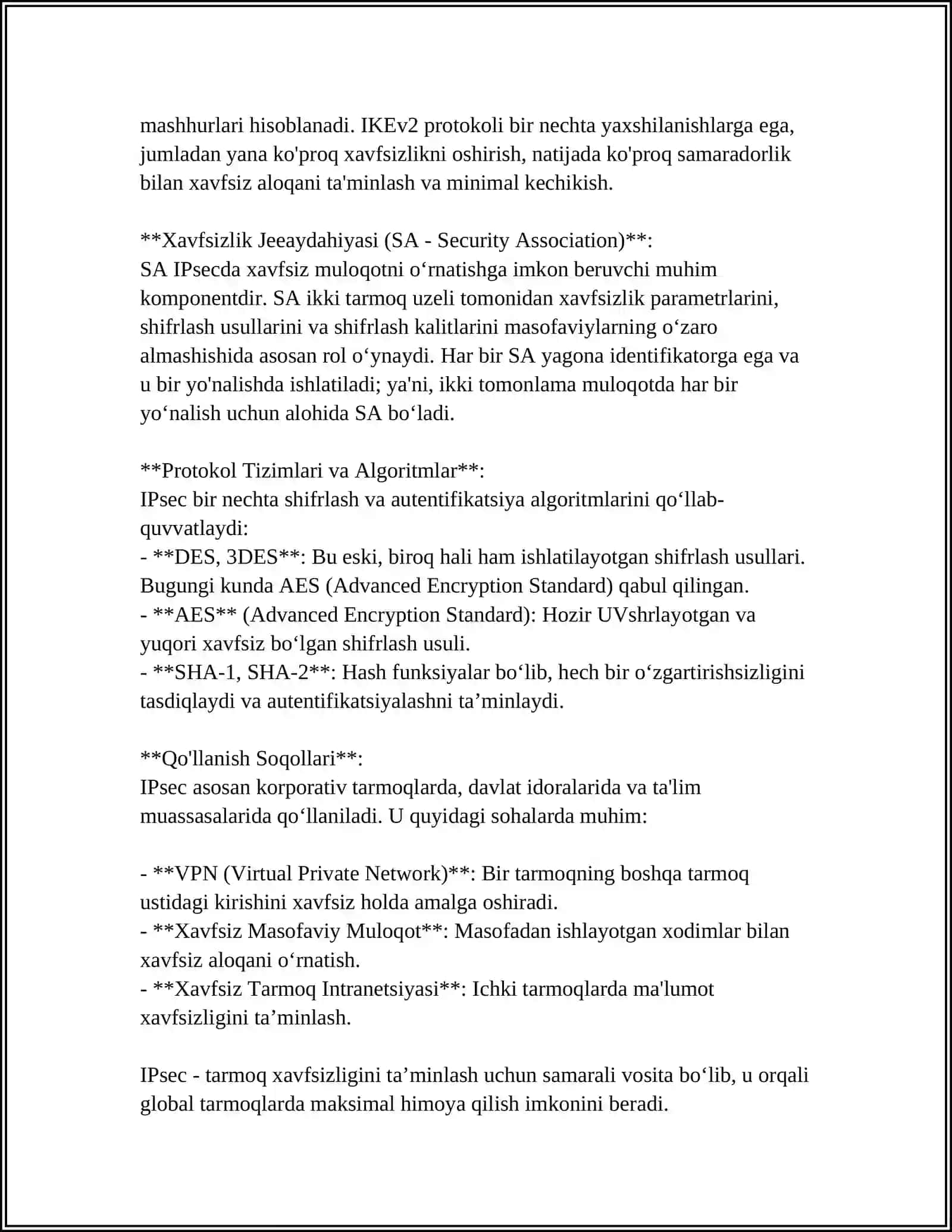 IPSEC MA’LUMOTLAR HIMOYASINI TA’MINLASHDA PROTOKOLLAR TO’PLAMINING O’ZIGA XOS XUSUSIYATLARI 4
