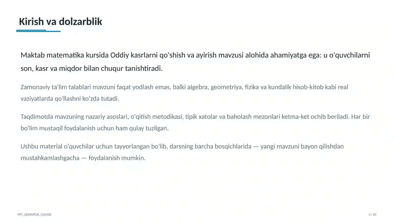 Oddiy kasrlarni qo'shish va ayirish (5-sinf) 4