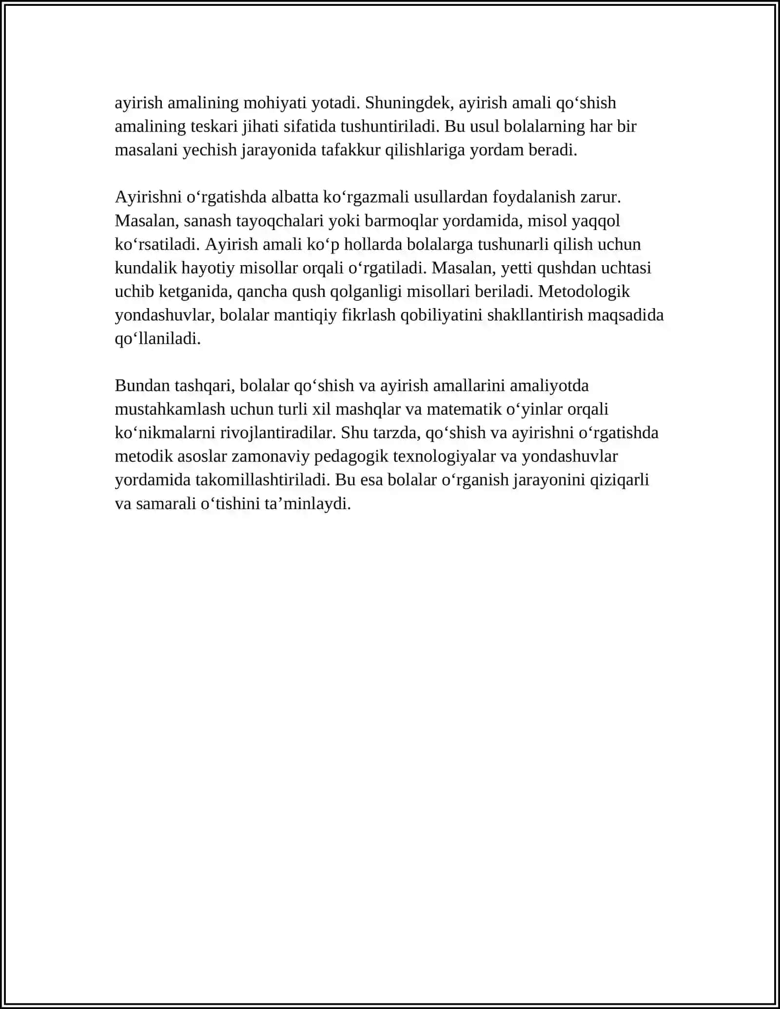 QO‘SHISH, AYIRISH, BO‘LISH, KO‘PAYTIRISH VA QOLDIQLI BO‘LISHGA O‘RGATISH METODIKASI 4