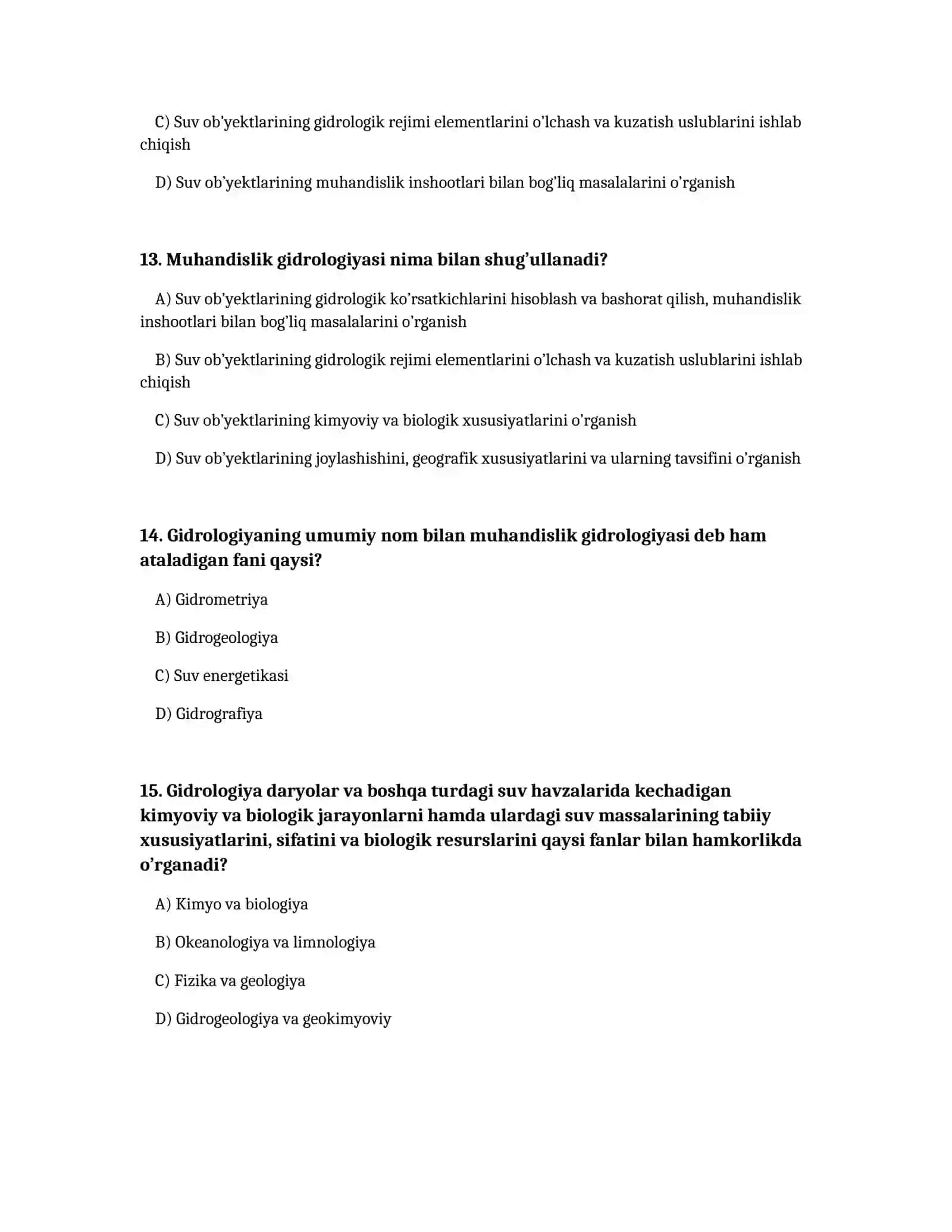 Gidrologiya fanidan test savollari 4