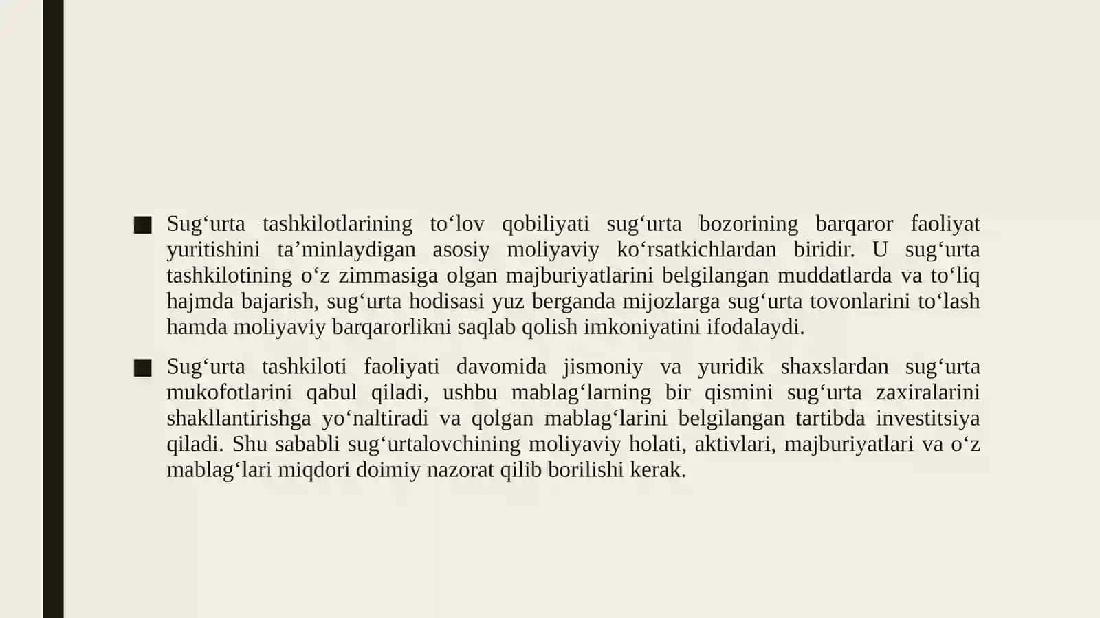 Sug'urta tashkilotlarining to'lov qobiliyati. To'lov qobiliyati marjasining eterliligi normativi Sug'urtalovchilarning (qayta sug'urtalovchilarning) alohida tavakkalchiliklar bo'yicha va jami majburiyatlarining yo'l qo'yiladigan eng ko'p miqdorlari Sug'urtalovchilarning (qayta  sug'urtalovchilarning) aktivlarini joylashtirishga qo'yilgan talablar. Qayta sug'urtalashga oid talablar. 4