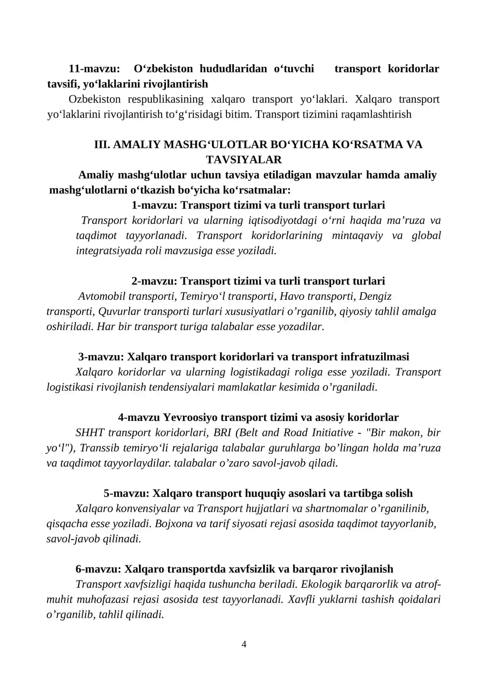 Xalqaro transport koridorlari o‘quv dasturi 4
