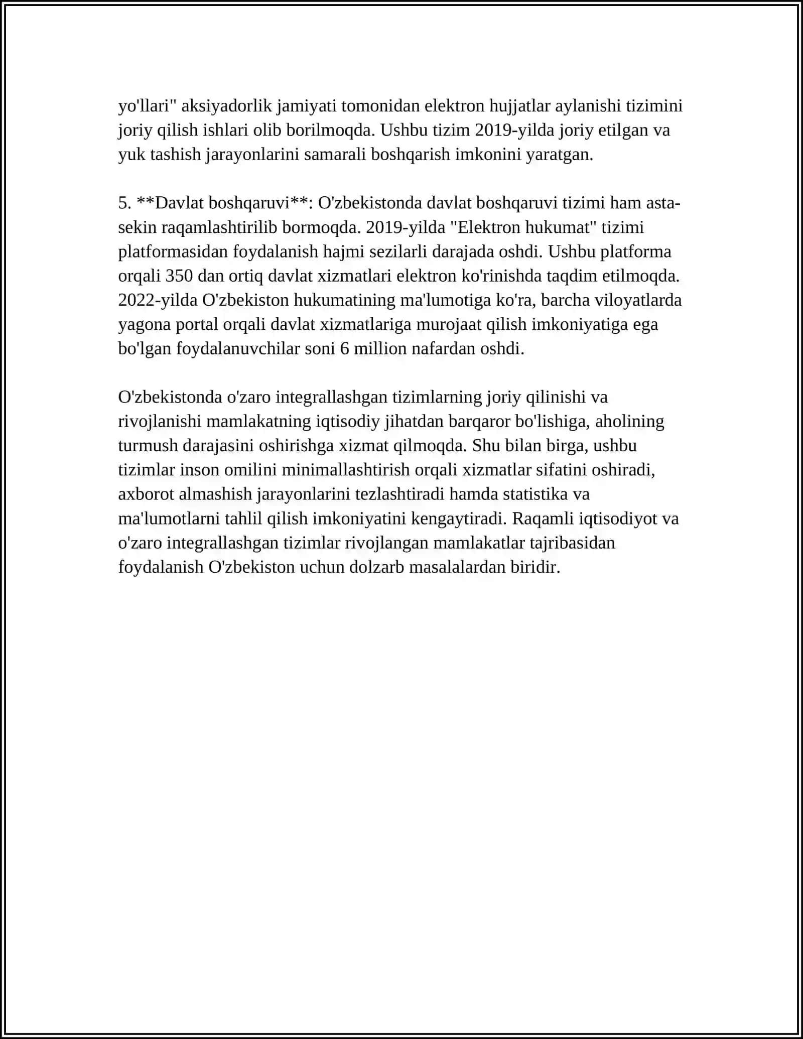 O'ZBEKISTONDA O'ZARO INTEGRALLASHGAN TIZIMLARNING IQTISODIY SAMARADORLIGI 4