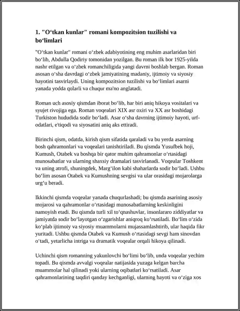 OʻTKAN KUNLAR ROMANI TAHLILI KOMPOZITSIYA VA UNING UNSURLARI 4