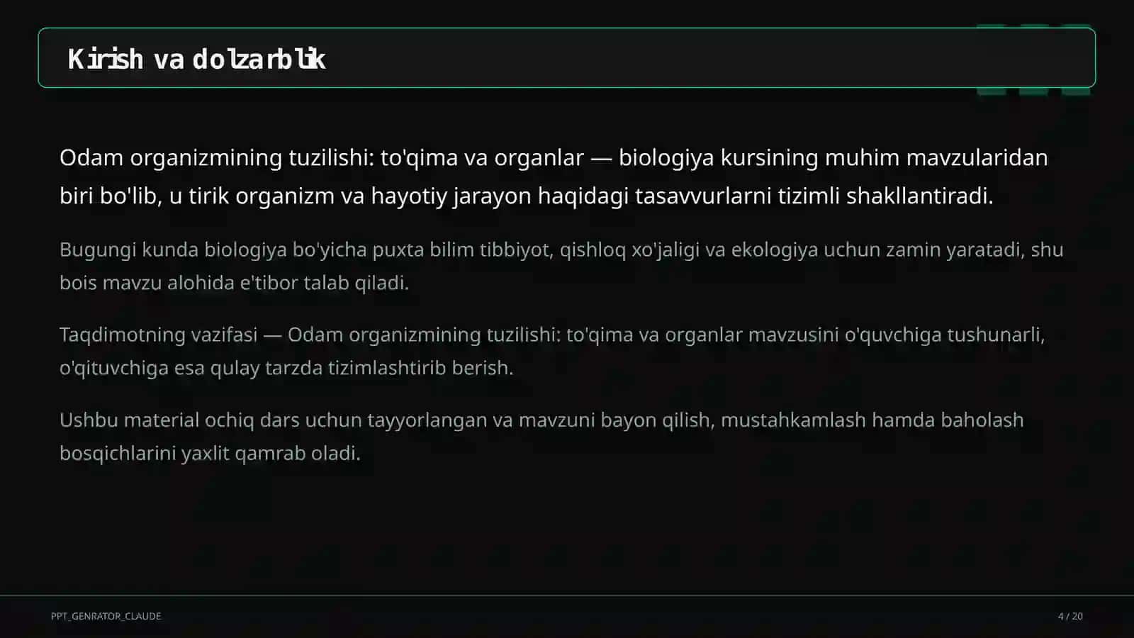 Odam organizmining tuzilishi: to'qima va organlar (8-sinf) 4
