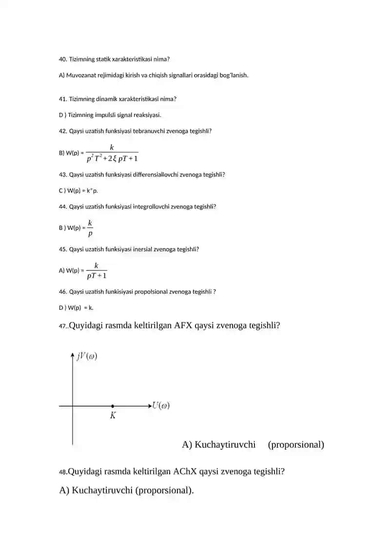 Avtomatik boshqarish nazariyasi fanidan Yakuniy test savollari 4