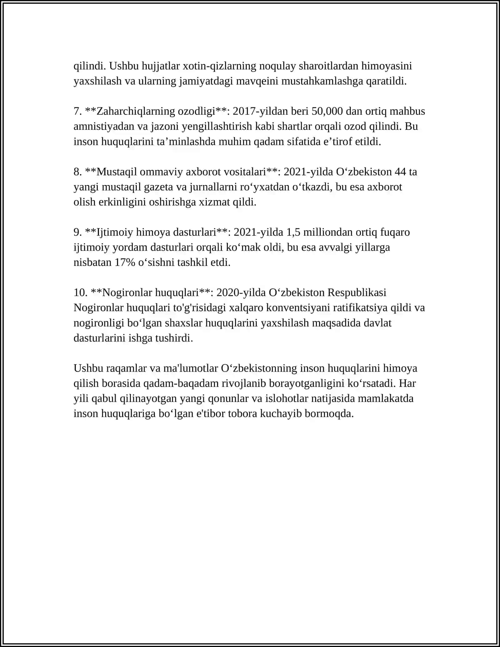 YANGI OʻZBEKISTONDA INSON HAQ HUQUQLARI VA ERKINLIKLARINI YARATILISHI 4