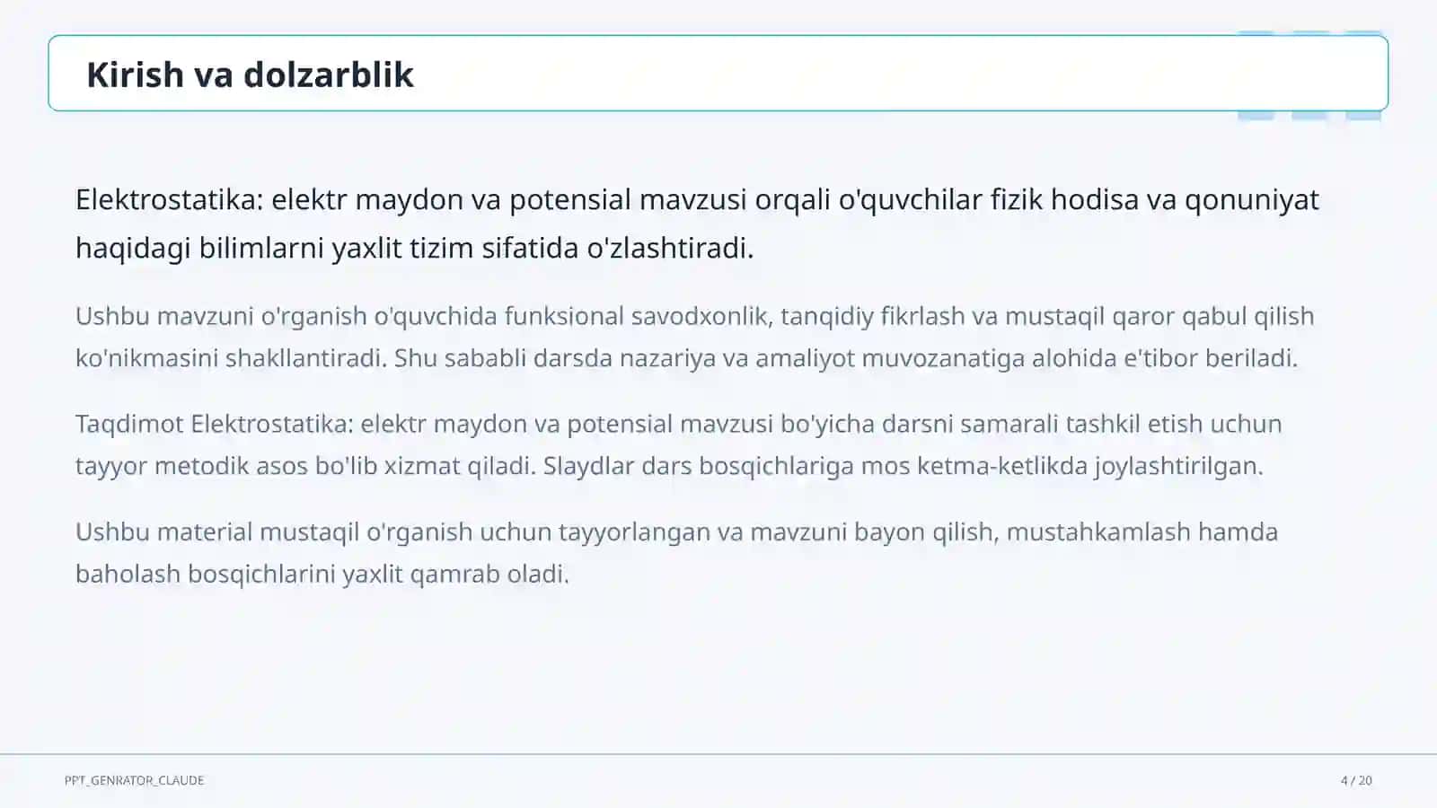 Elektrostatika: elektr maydon va potensial (10-sinf) 4