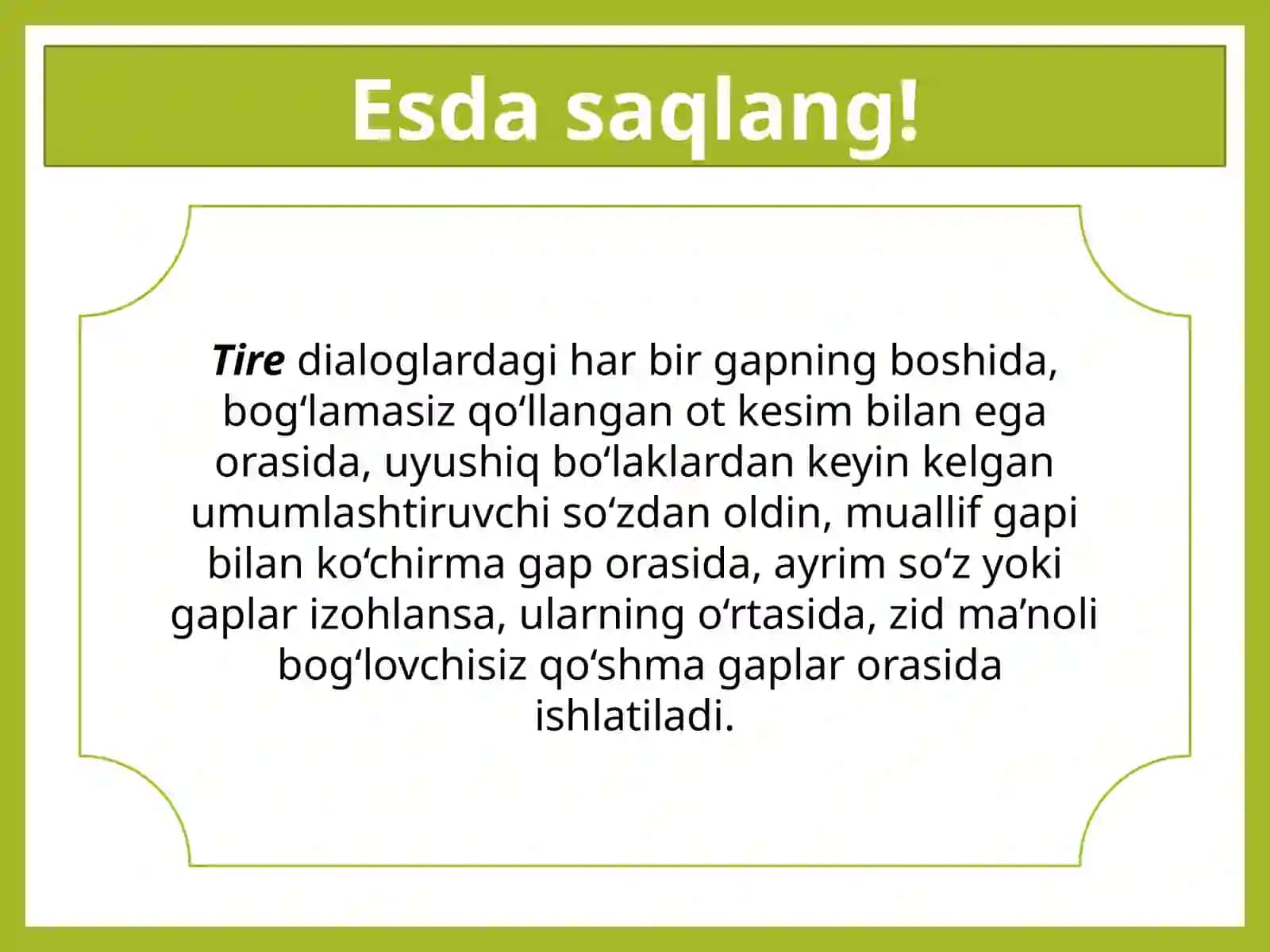9-sinf Ona tili fanidan dars ishlanma. Tire va qo'shtirnoqning qo'llanishi 4